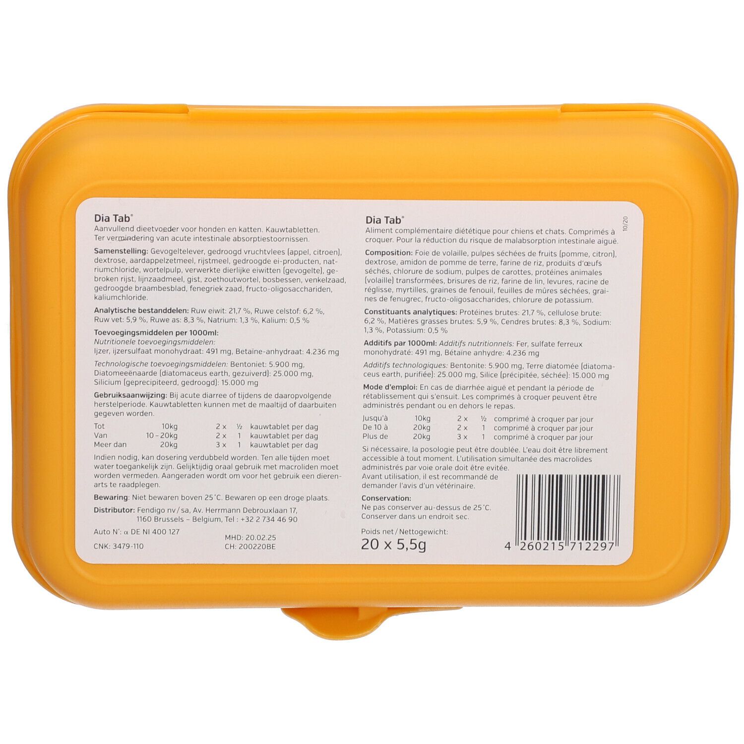 Dos de la boîte de comprimés. Contient des informations sur les ingrédients, le dosage et le fabricant.