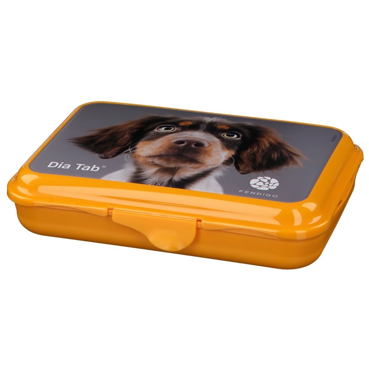 Boîte de comprimés jaune avec image de chien. Inscription: Dia Tab et FENDIGO. Ouvert.