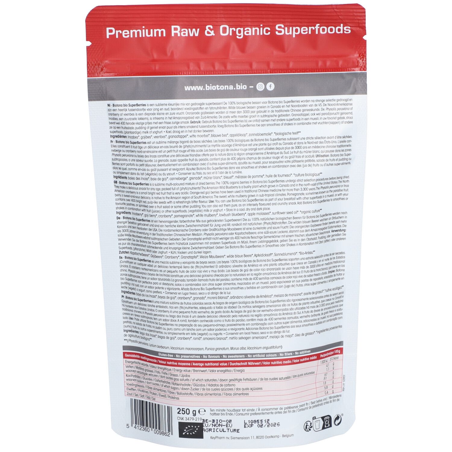 Rückseite des Biotona Superberries Beutels. Text in mehreren Sprachen, Bio-Siegel, 250 g. Aufdruck: www.biotona.bio.