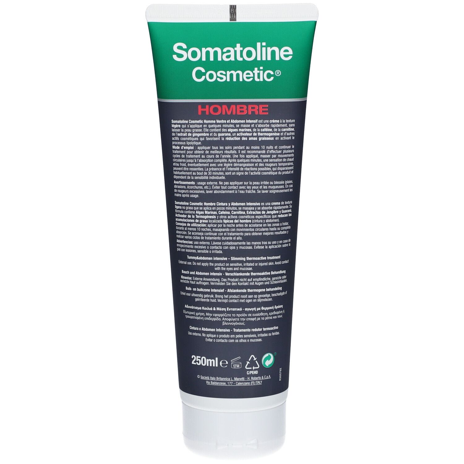 Rückseite der Somatoline Cosmetic® Tube. Text in mehreren Sprachen. 250ml. Recycling-Symbole.