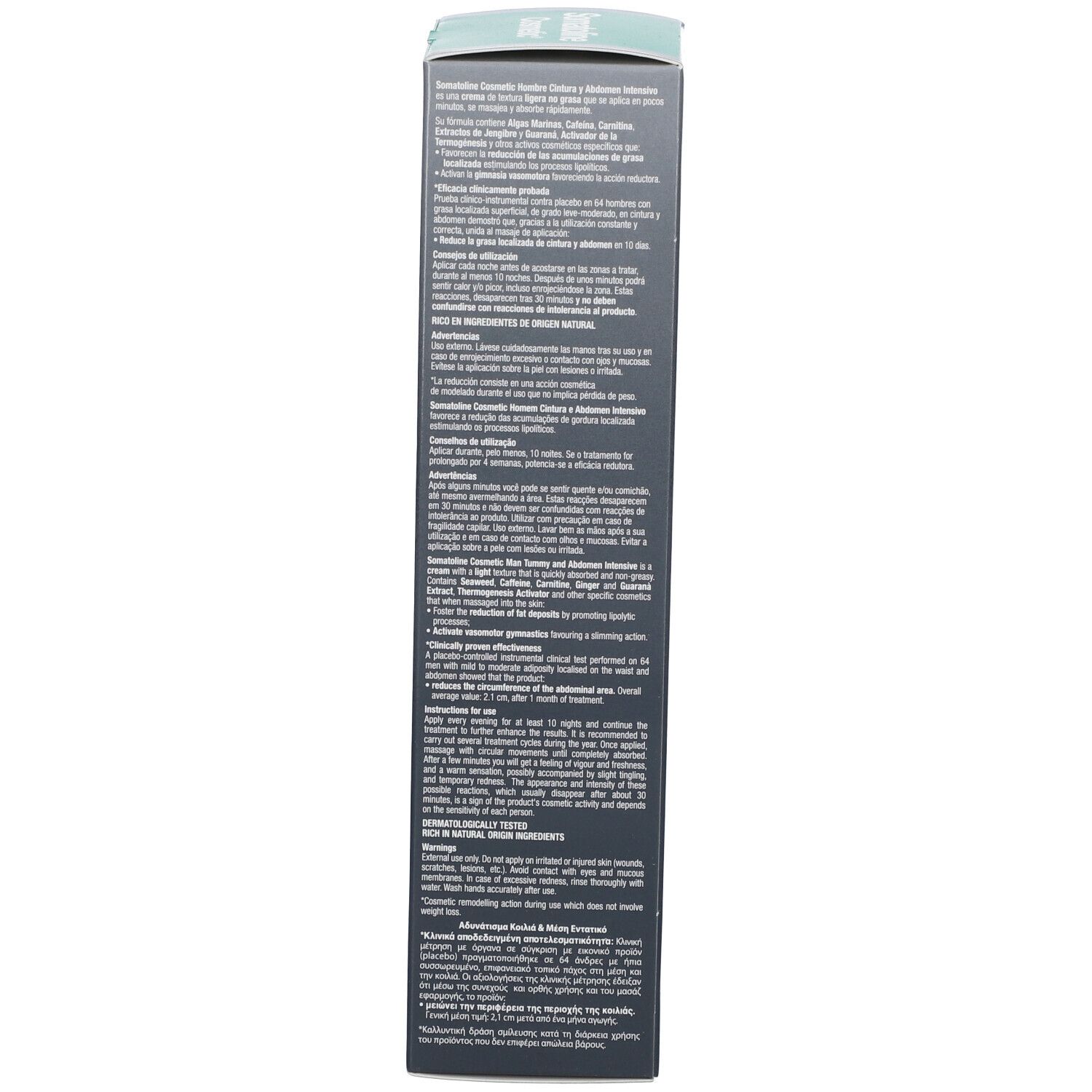 Schachtel Somatoline Cosmetic®. Rückseite mit Text. 250ml. Recycling-Symbole.