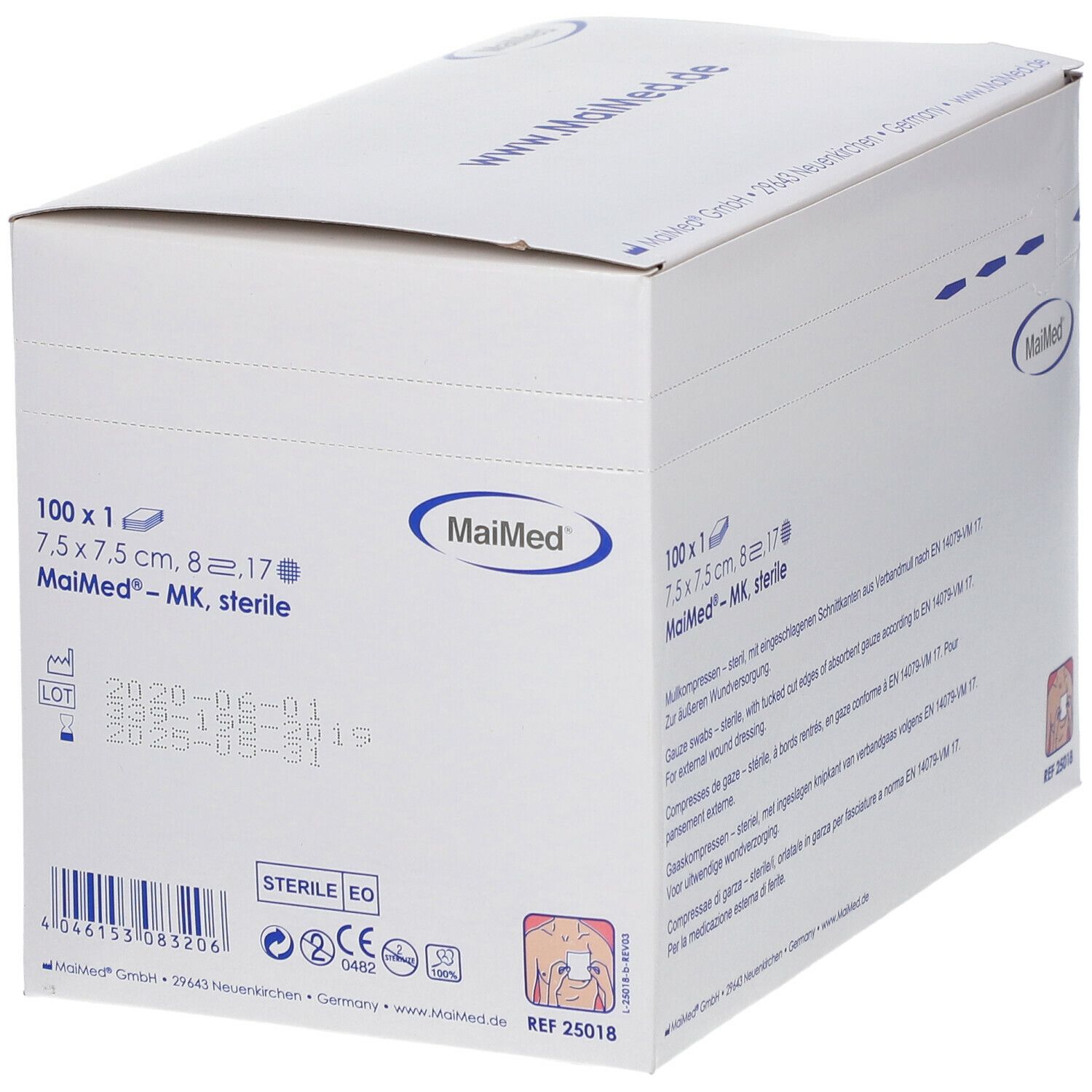 Weiße Verpackung mit MaiMed-Logo. Produktangaben: 7,5 x 7,5 cm sterile Kompressen. 100 Stück. Aufdrucke mit Chargennummer und Verfallsdatum.