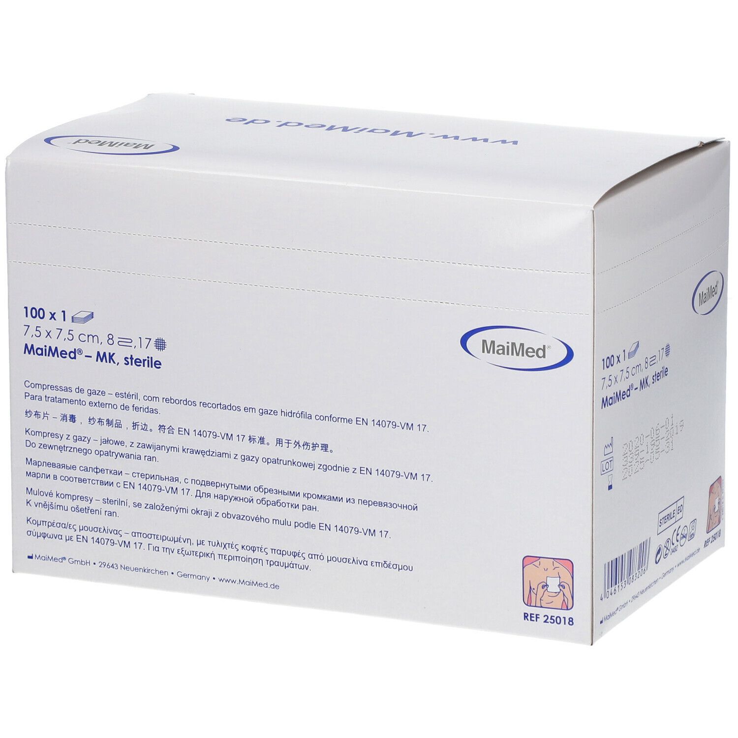 Weiße Verpackung mit MaiMed-Logo und Produktangaben: 7,5 x 7,5 cm sterile Kompressen. 100 Stück. Aufdrucke in mehreren Sprachen.