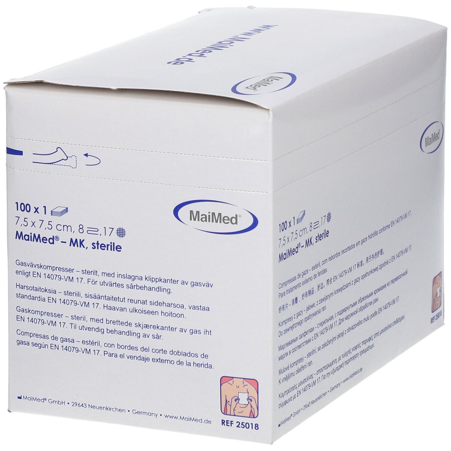 Weiße Verpackung mit MaiMed-Logo und Produktangaben: 7,5 x 7,5 cm sterile Kompressen. 100 Stück. Aufdrucke in mehreren Sprachen.