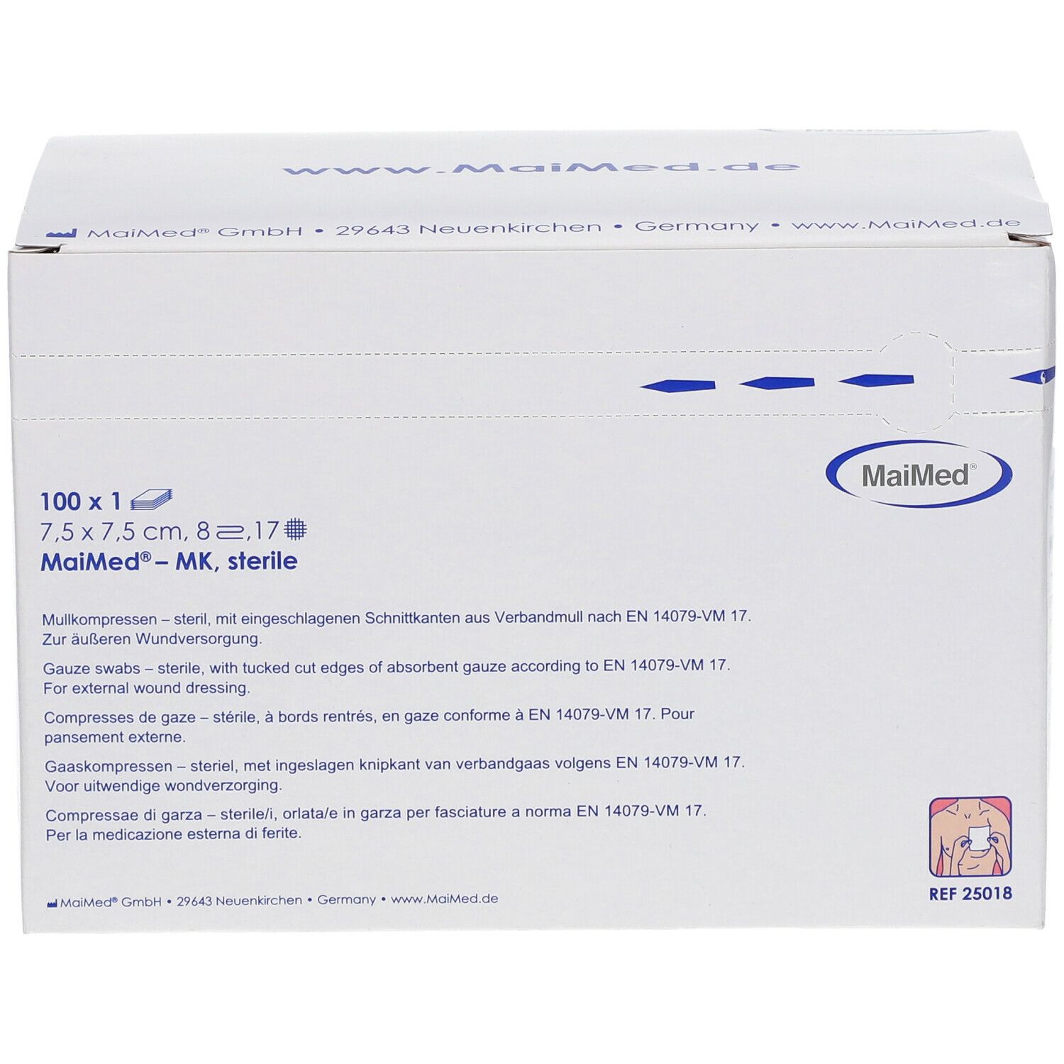 Weiße Verpackung mit MaiMed-Logo und Produktangaben: 7,5 x 7,5 cm sterile Kompressen. 100 Stück. Aufdrucke in mehreren Sprachen.