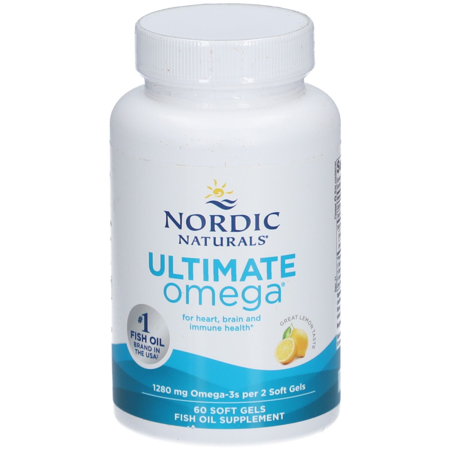 Flacon blanc avec bouchon. Inscription: NORDIC NATURALS ULTIMATE Omega. Image de citron. 60 gélules. Complément d'huile de poisson.