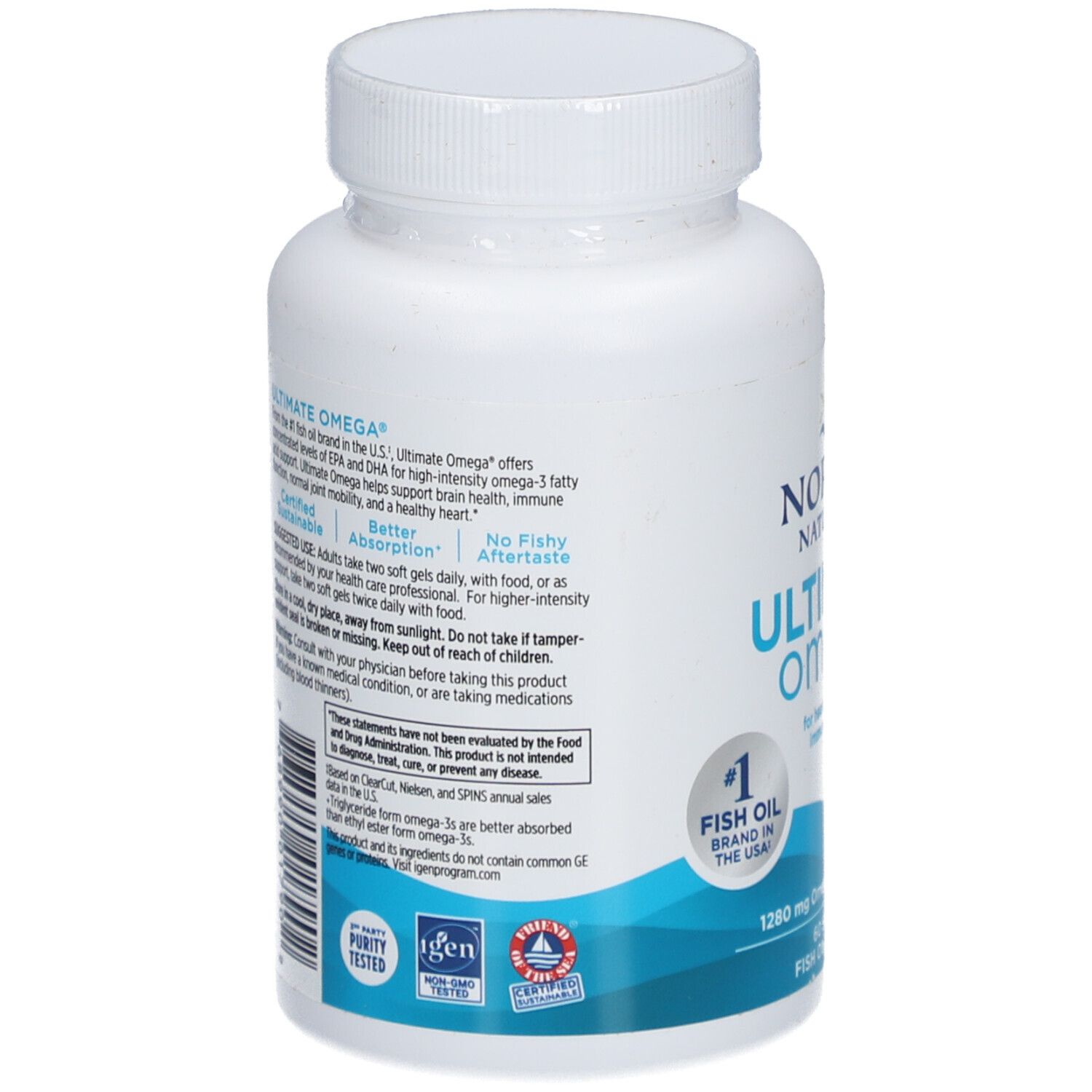 Dos d'un flacon blanc. Inscription: NORDIC NATURALS ULTIMATE Omega. Certifications et informations sur le produit.