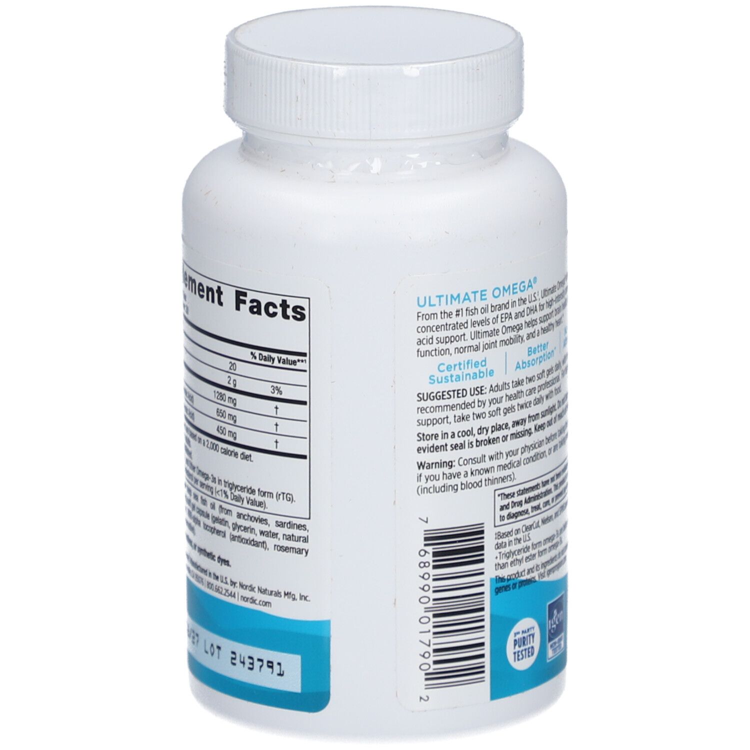 Dos d'un flacon blanc. Inscription: NORDIC NATURALS ULTIMATE Omega. Informations nutritionnelles et ingrédients.
