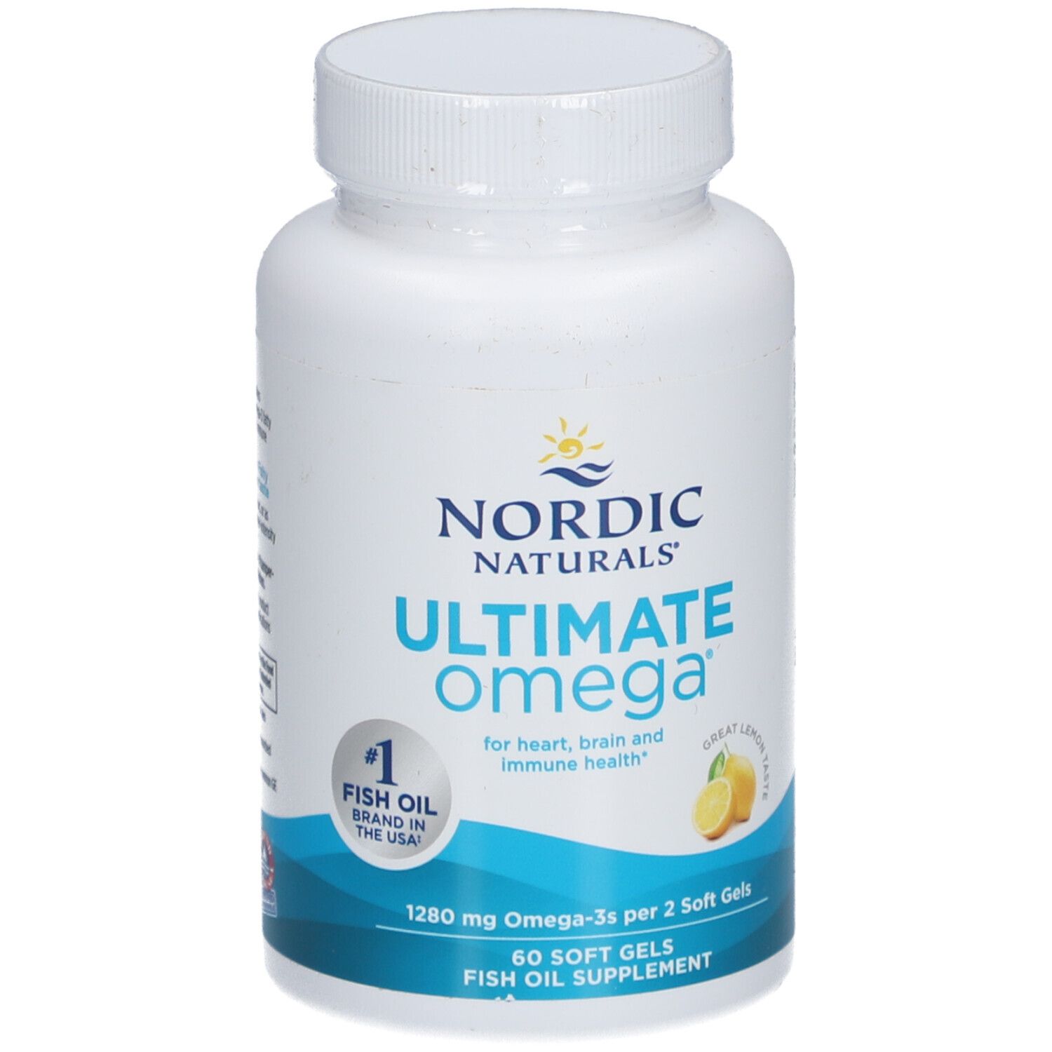 Flacon blanc avec bouchon. Inscription: NORDIC NATURALS ULTIMATE Omega. Image de citron. 60 gélules. Complément d'huile de poisson.