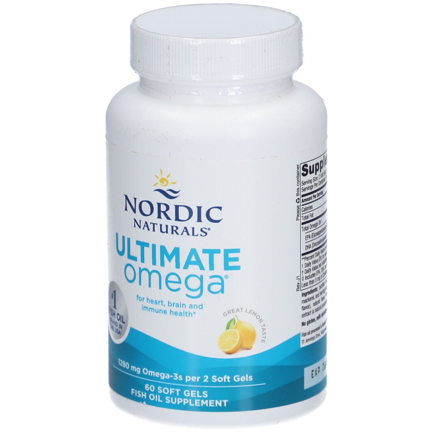 Flacon blanc avec bouchon. Inscription: NORDIC NATURALS ULTIMATE Omega. Image de citron. 60 gélules. Complément d'huile de poisson.