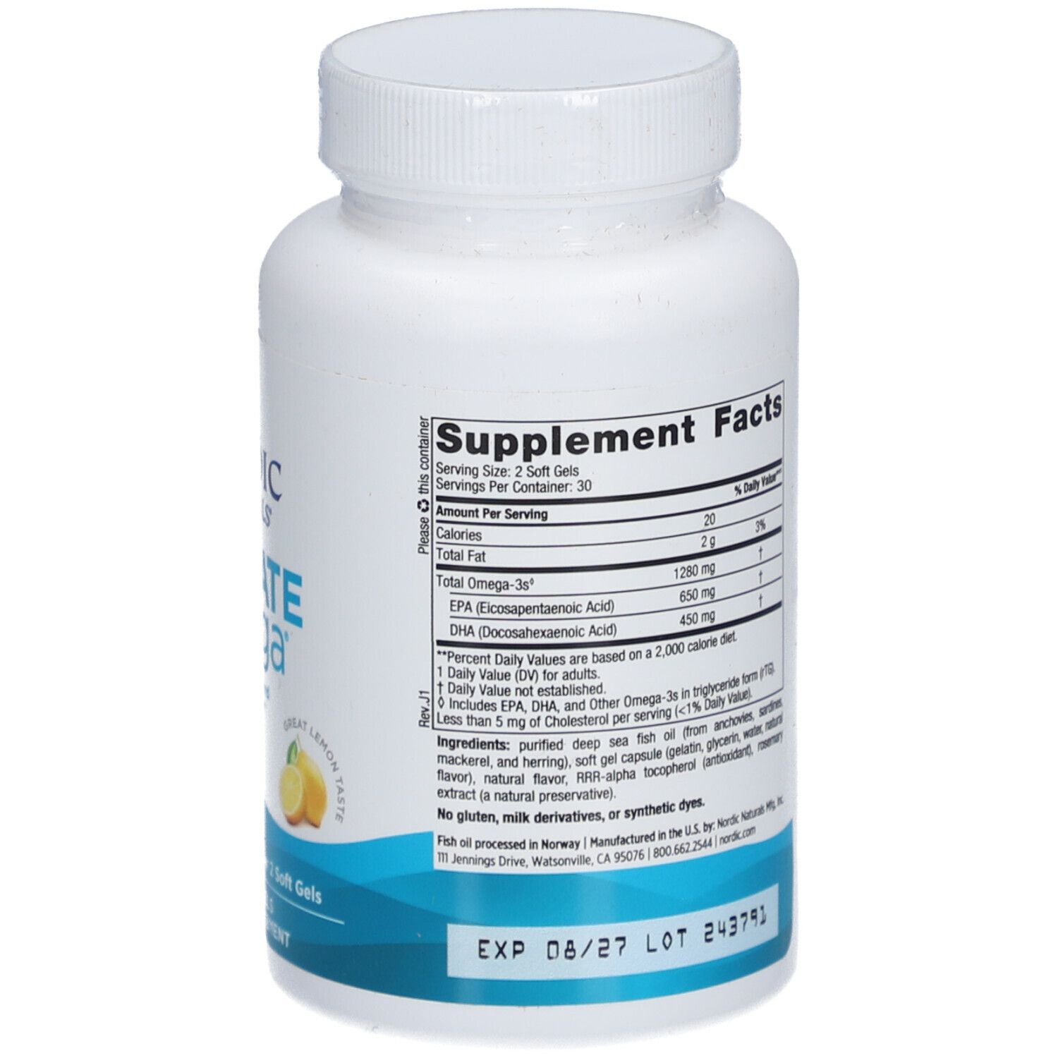 Dos d'un flacon blanc. Inscription: NORDIC NATURALS ULTIMATE Omega. Informations nutritionnelles et ingrédients.
