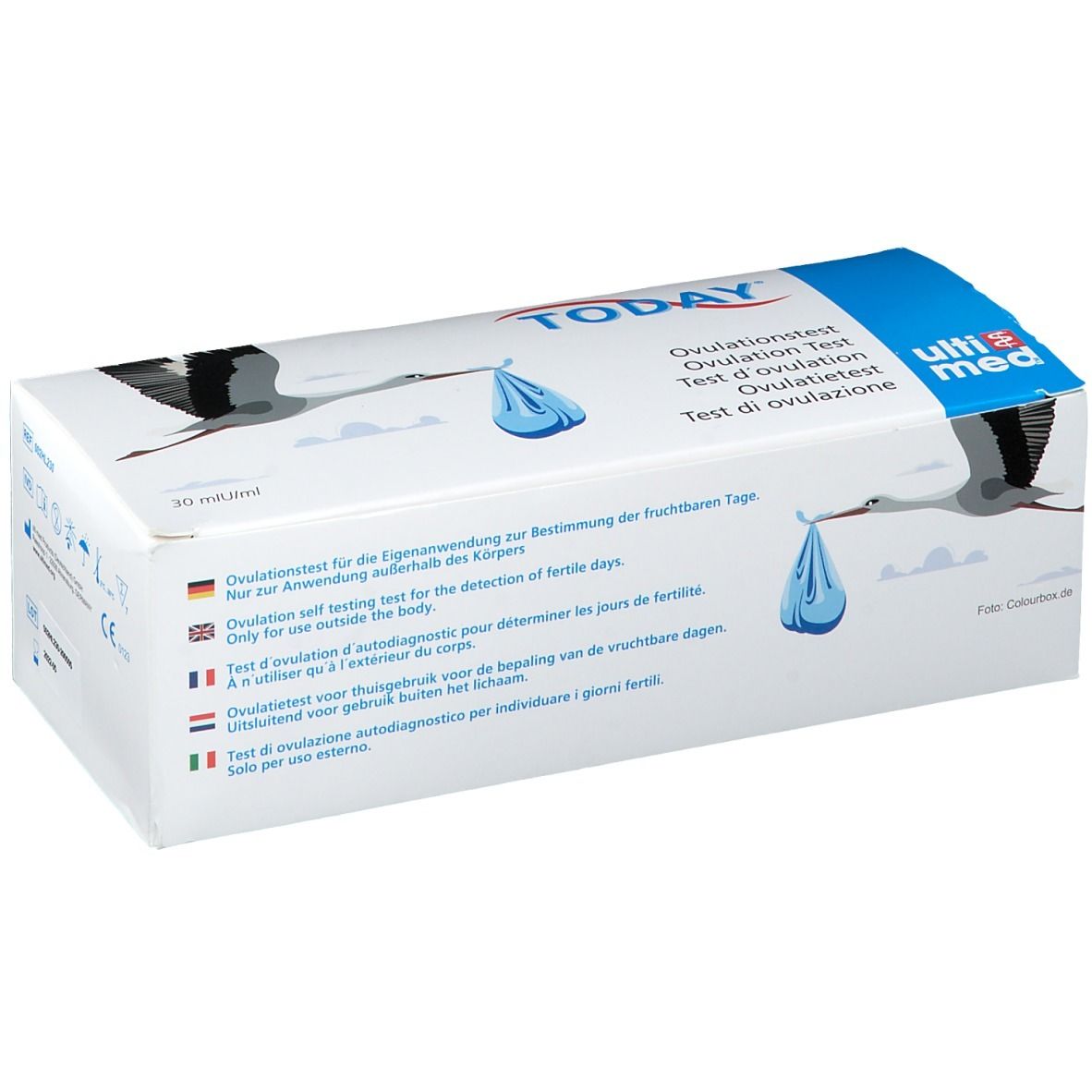 Verpackung von TODAY® Ovulationstest. Weißer Karton mit blauer Schrift und Logo. Enthält Text in mehreren Sprachen.