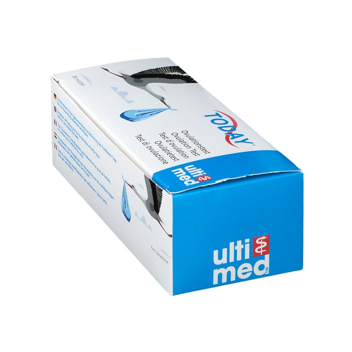 Schräg gestellte Verpackung von TODAY® Ovulationstest. Weißer Karton mit blauem Logo und Schriftzug. Enthält Text in mehreren Sprachen.