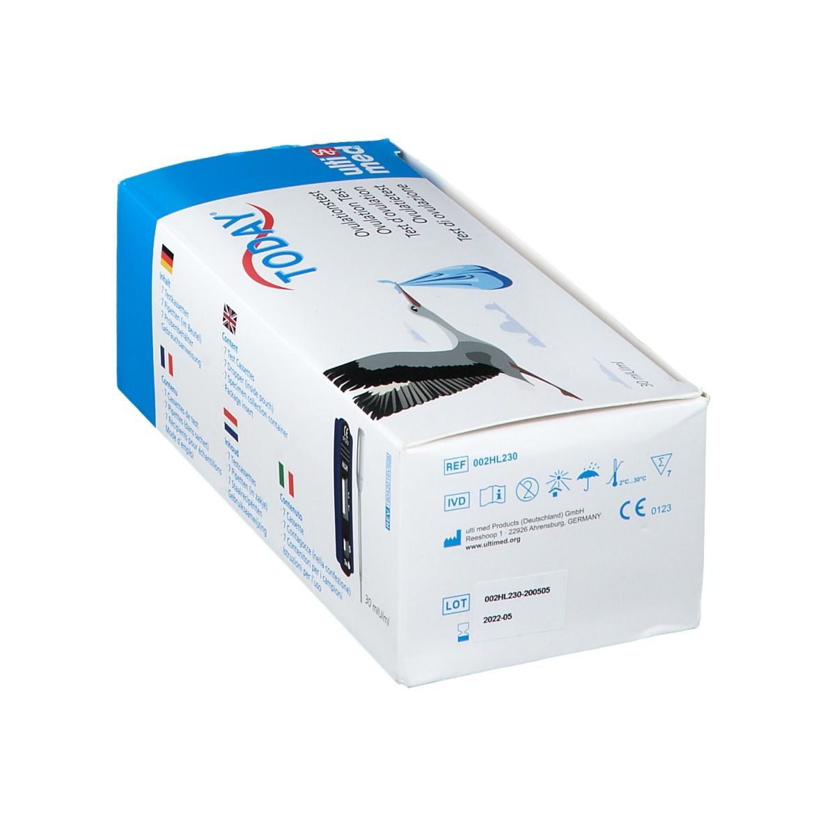 Verpackung von TODAY® Ovulationstest. Weißer Karton mit blauem Deckel. Enthält Text in mehreren Sprachen und Logos.