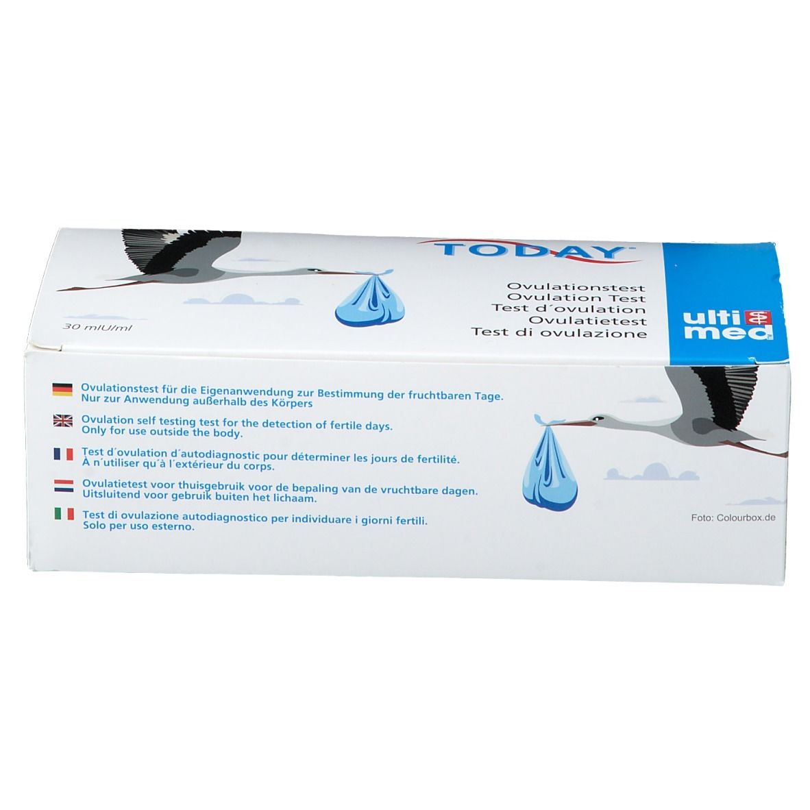 Verpackung von TODAY® Ovulationstest. Weißer Karton mit blauem Streifen und Text in mehreren Sprachen. Logo und Produktname sichtbar.