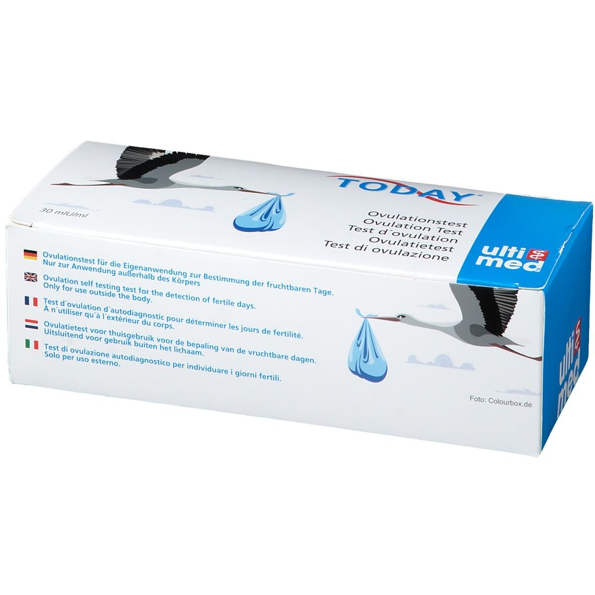 Verpackung von TODAY® Ovulationstest. Weißer Karton mit blauem Streifen und Text in mehreren Sprachen. Logo und Produktname sichtbar.
