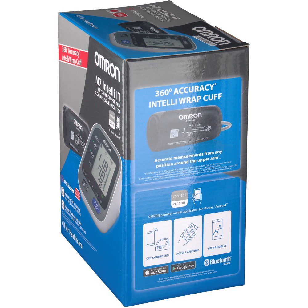 Scatola Omron M7 Intelli IT. Stampe: 360° Accuracy Intelli Wrap Cuff, Omron, misuratore pressione, Bluetooth, connessione App.