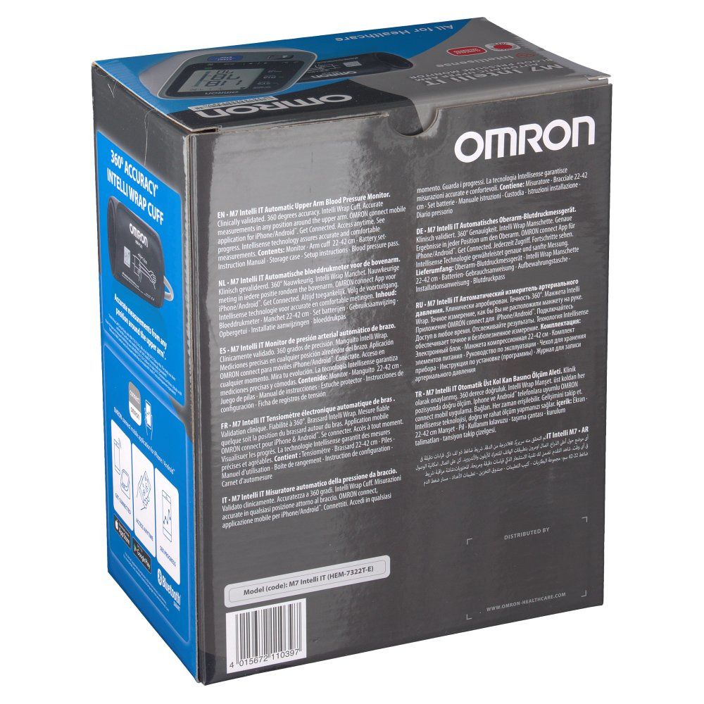 Retro della scatola Omron M7 Intelli IT. Testo multilingue, codice a barre, logo Omron, numero modello.