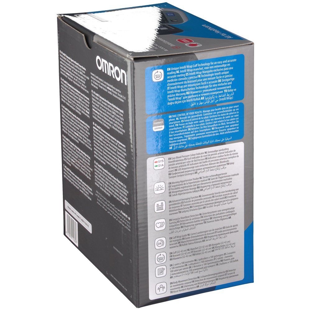Lato della scatola Omron M7 Intelli IT. Testo multilingue, icone, logo Omron.