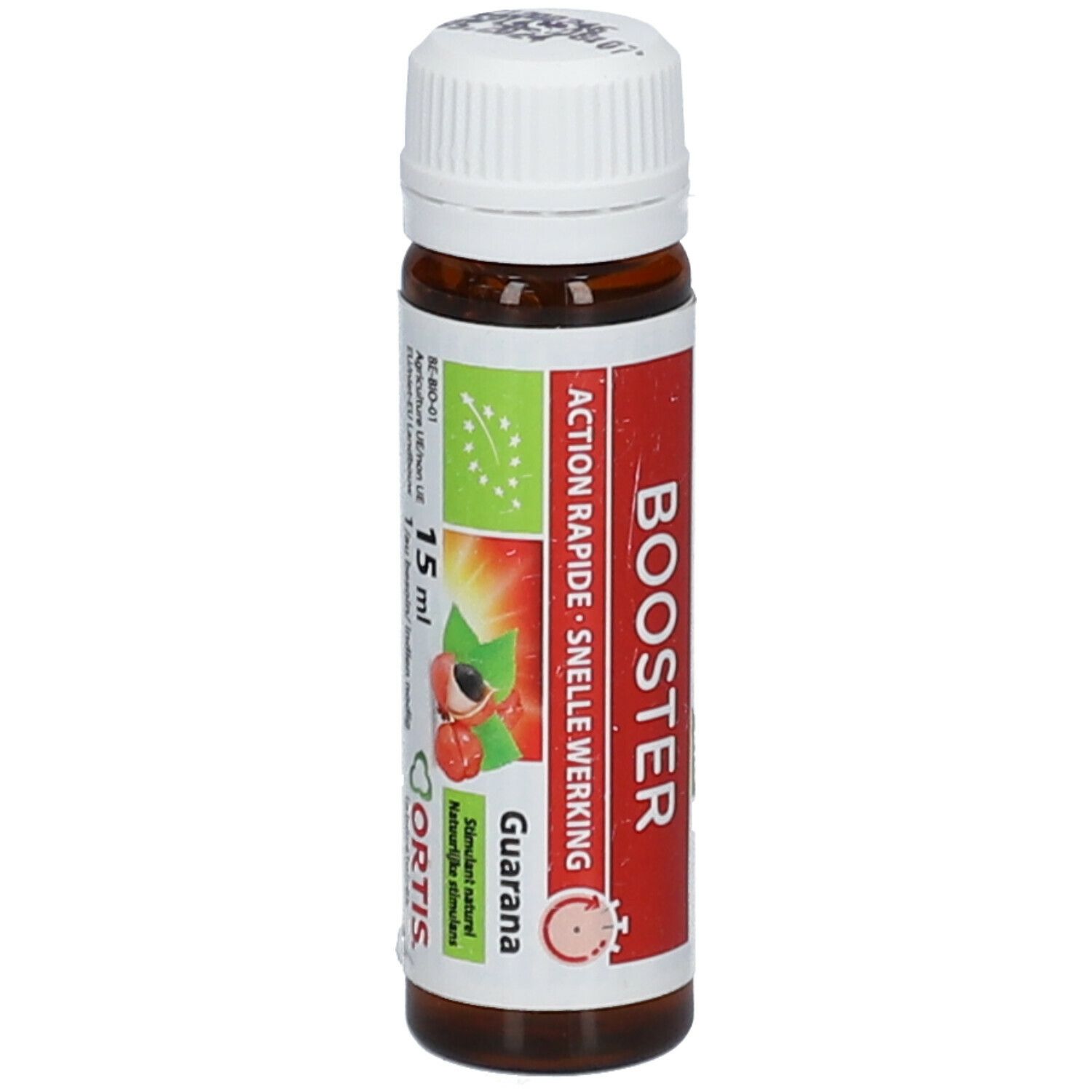 Flacon en verre brun avec bouchon blanc. Étiquette rouge avec texte: BOOSTER, Action Rapide, Snelle Werking. 15 ml. Avec image de Guarana.