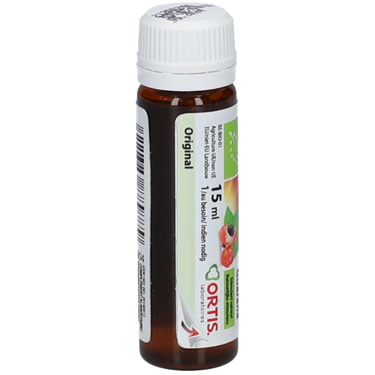 Flacon en verre brun avec bouchon blanc. Étiquette verte avec texte: Original, 15 ml. Logo Bio UE. Texte: 1/au besoin/indien nodig.
