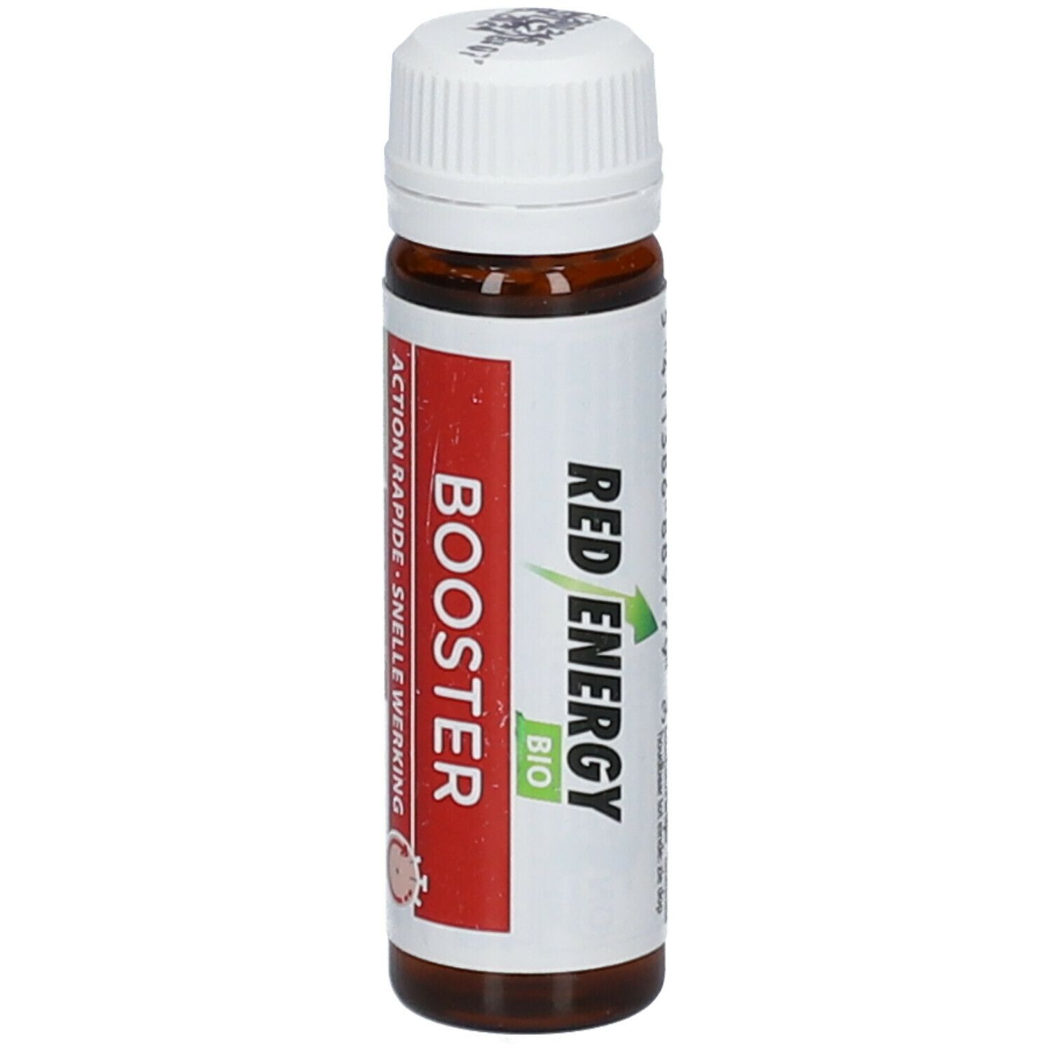 Flacon en verre brun avec bouchon blanc. Étiquette rouge avec texte: BOOSTER, RED ENERGY BIO. Logo BIO vert. Logo rouge.