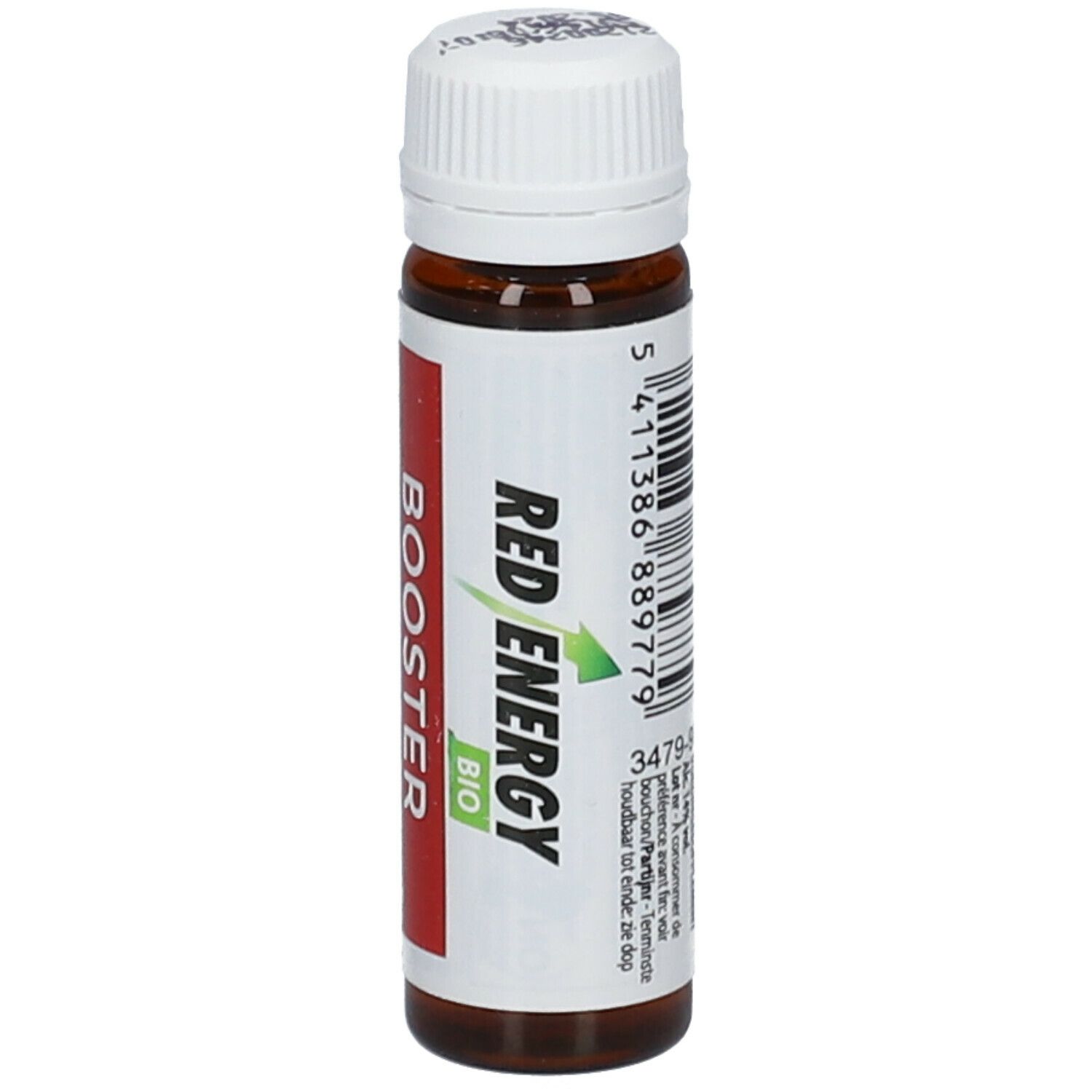 Flacon en verre brun avec bouchon blanc. Étiquette rouge avec texte: BOOSTER, RED ENERGY BIO. Flèche verte. Code-barres.