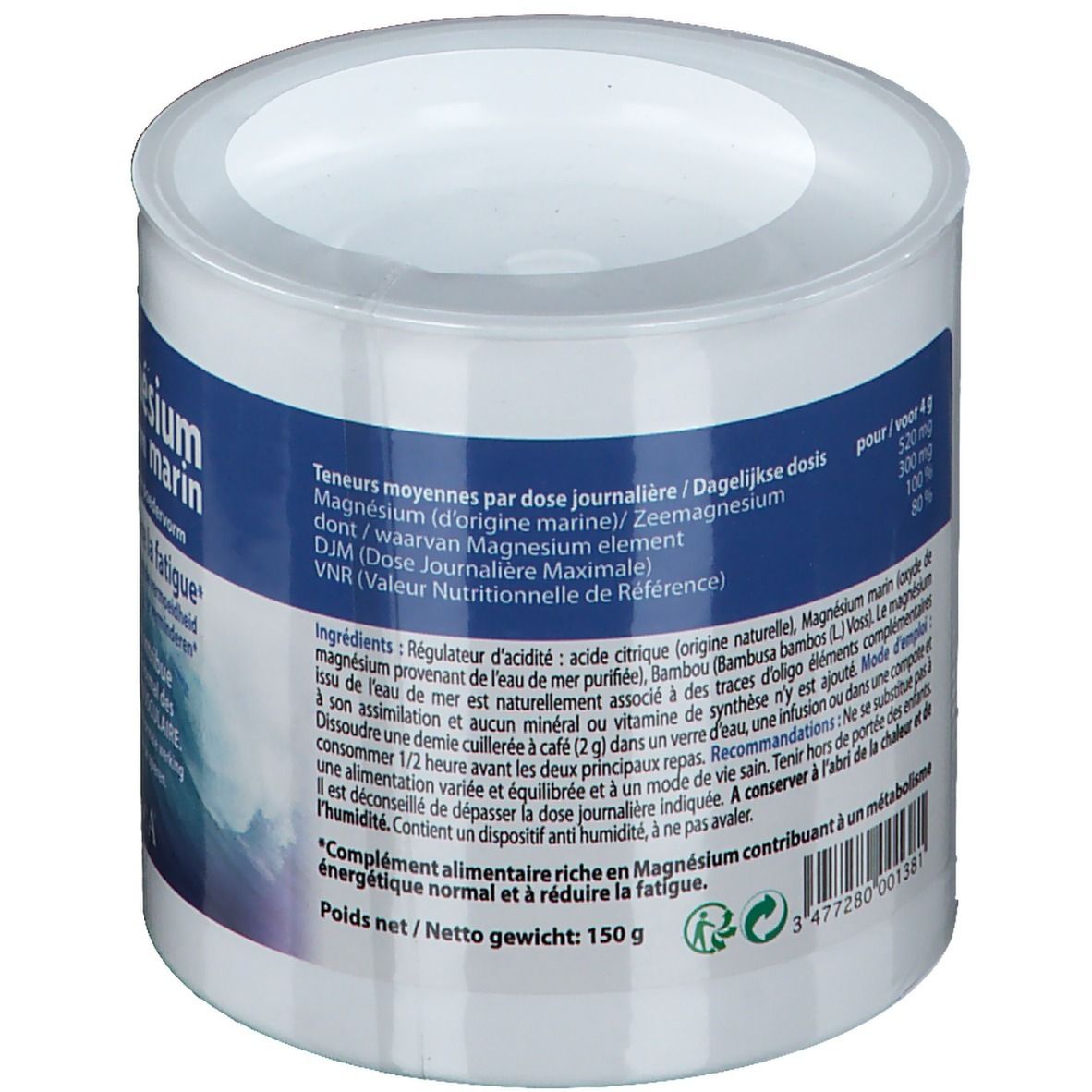 Ronde pot met witte deksel. Achterkant met tekst: ingrediënten, voedingswaarde, nettogewicht 150g. Meertalige tekst.