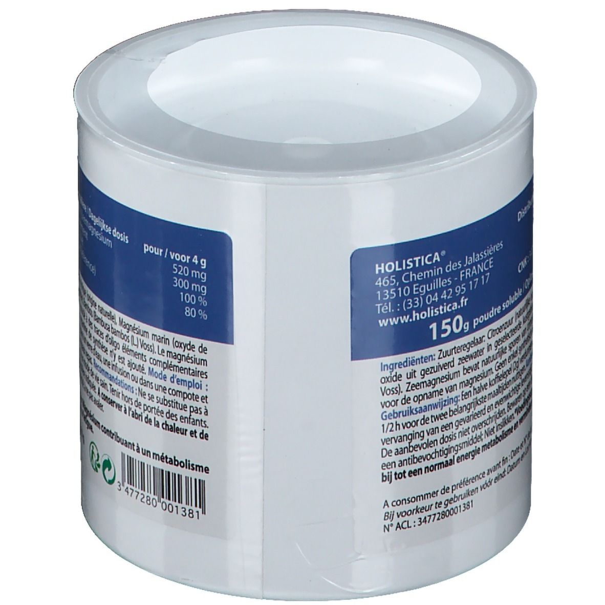 Ronde pot met witte deksel. Blauwe en witte etiketten met productinformatie. Tekst: Holistica, 150g, adres.