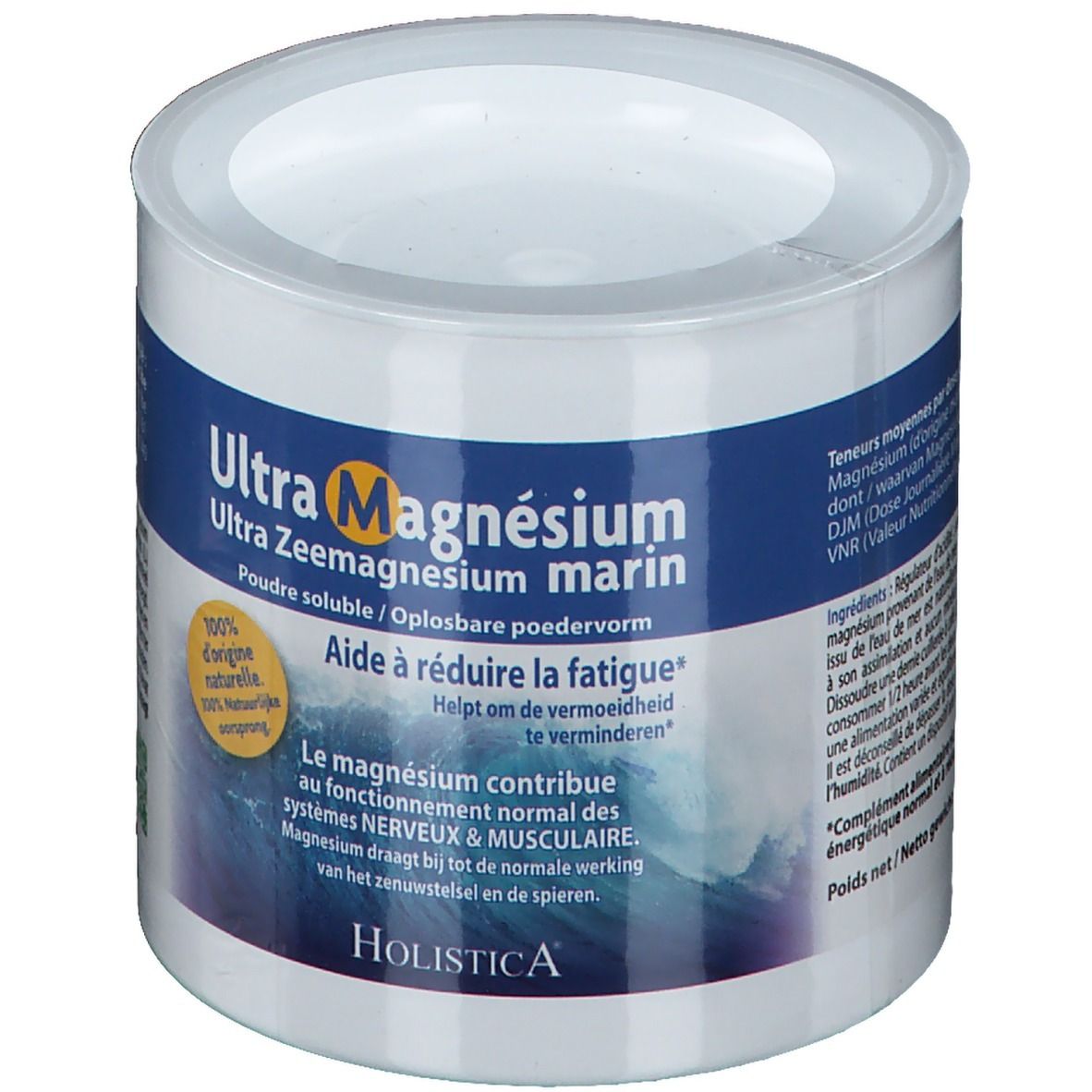 Ronde pot met witte deksel. Blauwe en witte etiketten met productinformatie. Tekst: Ultra Magnesium marin, poeder.