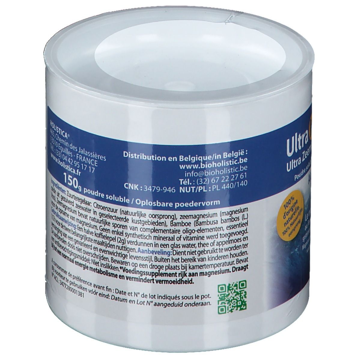 Ronde pot met witte deksel. Achterkant met tekst: ingrediënten, voedingswaarde, nettogewicht 150g. Meertalige tekst.