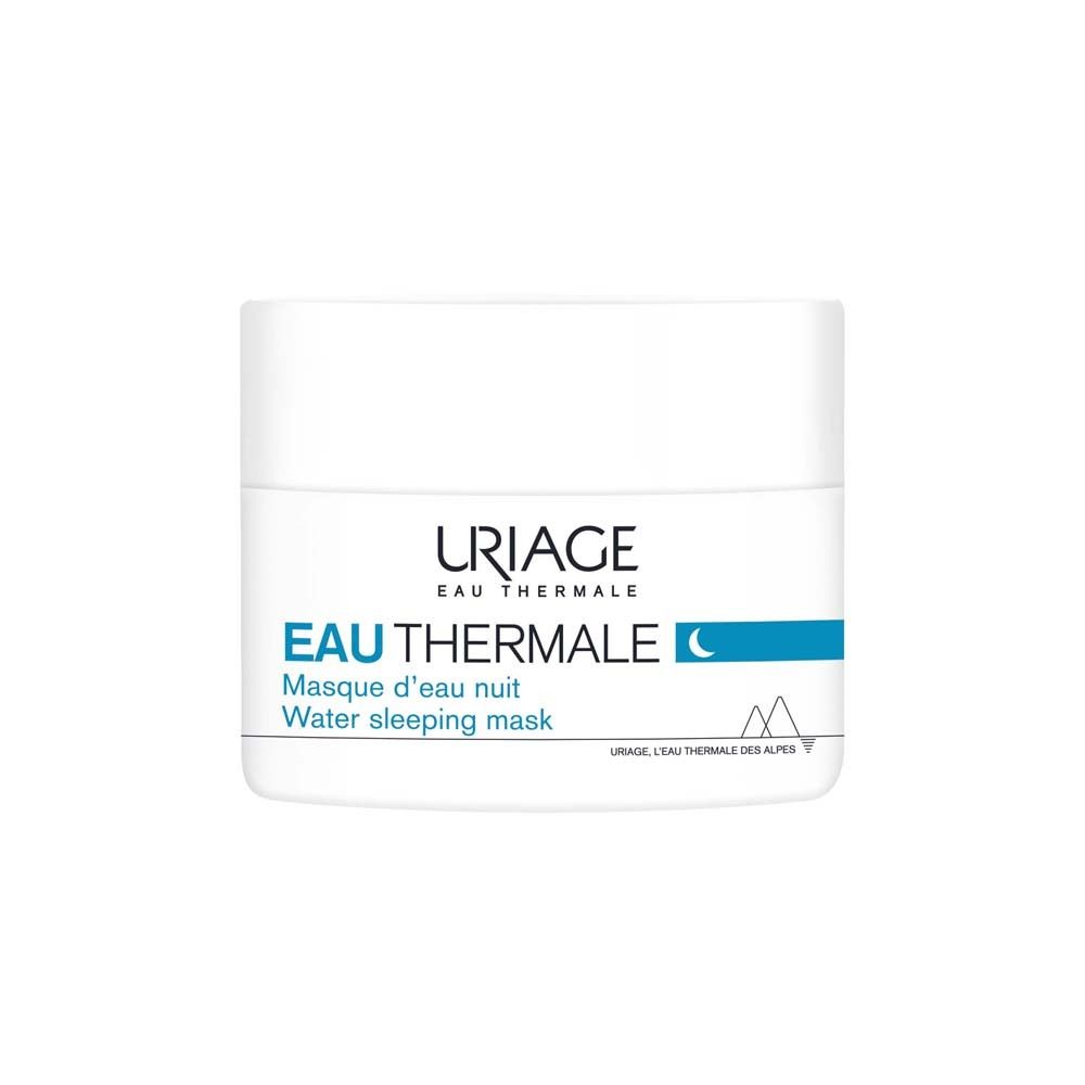 Pot blanc avec couvercle. Inscription: Uriage Eau Thermale, Water sleeping mask. Bande bleue.