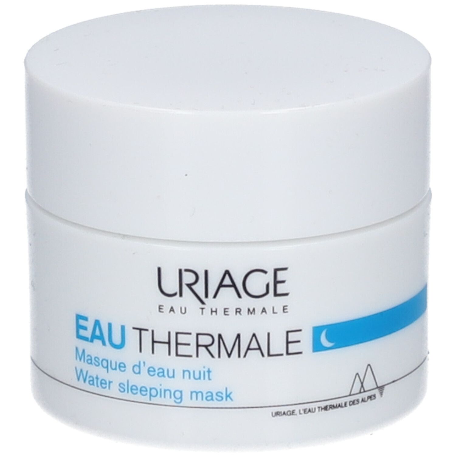 Pot blanc avec couvercle. Inscription: Uriage Eau Thermale, Water sleeping mask. Bande bleue.