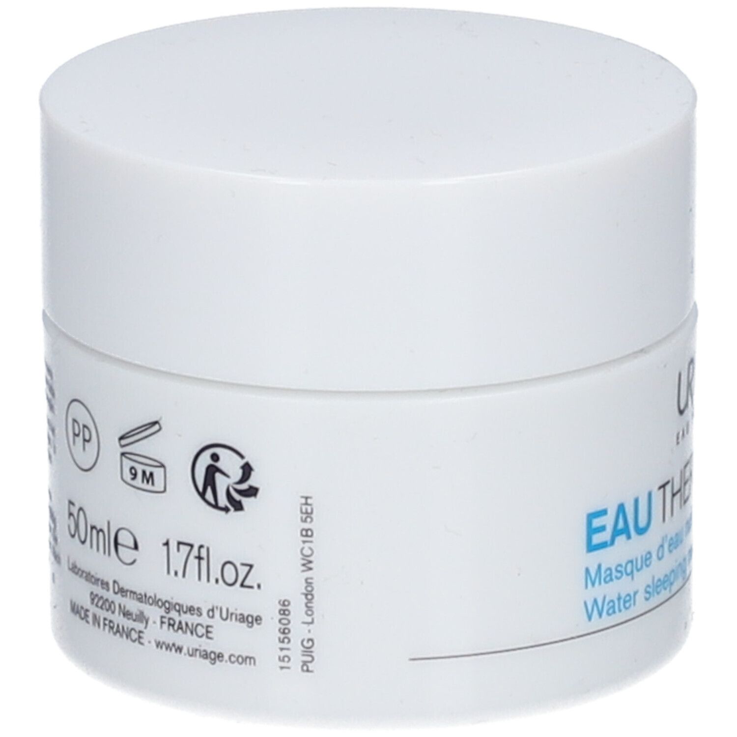 Pot rond blanc avec couvercle. Inscription: Uriage Eau Thermale. Dos avec texte et symboles.
