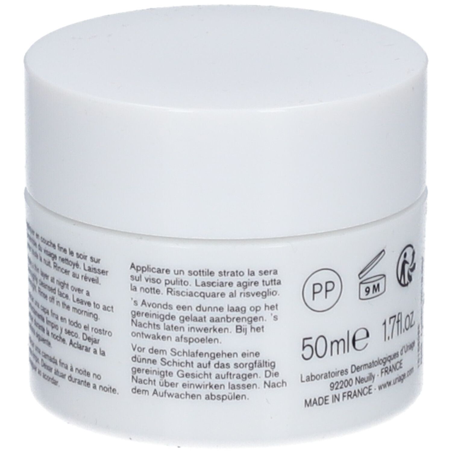 Pot rond blanc avec couvercle. Dos avec texte en plusieurs langues. Inscription: 50ml 1.7 fl.oz.
