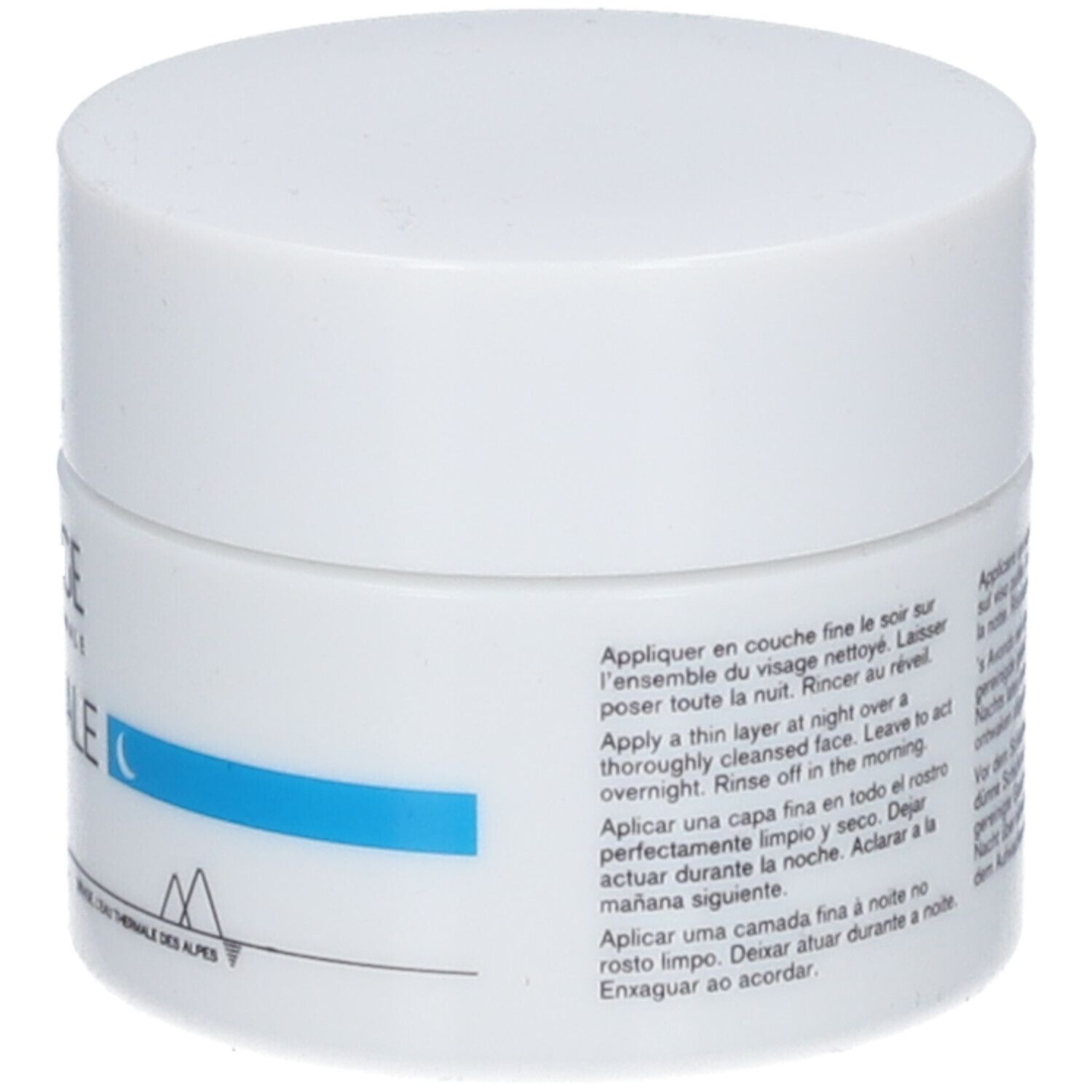 Pot rond blanc avec couvercle. Dos avec texte en plusieurs langues. Inscription: 50ml 1.7 fl.oz.