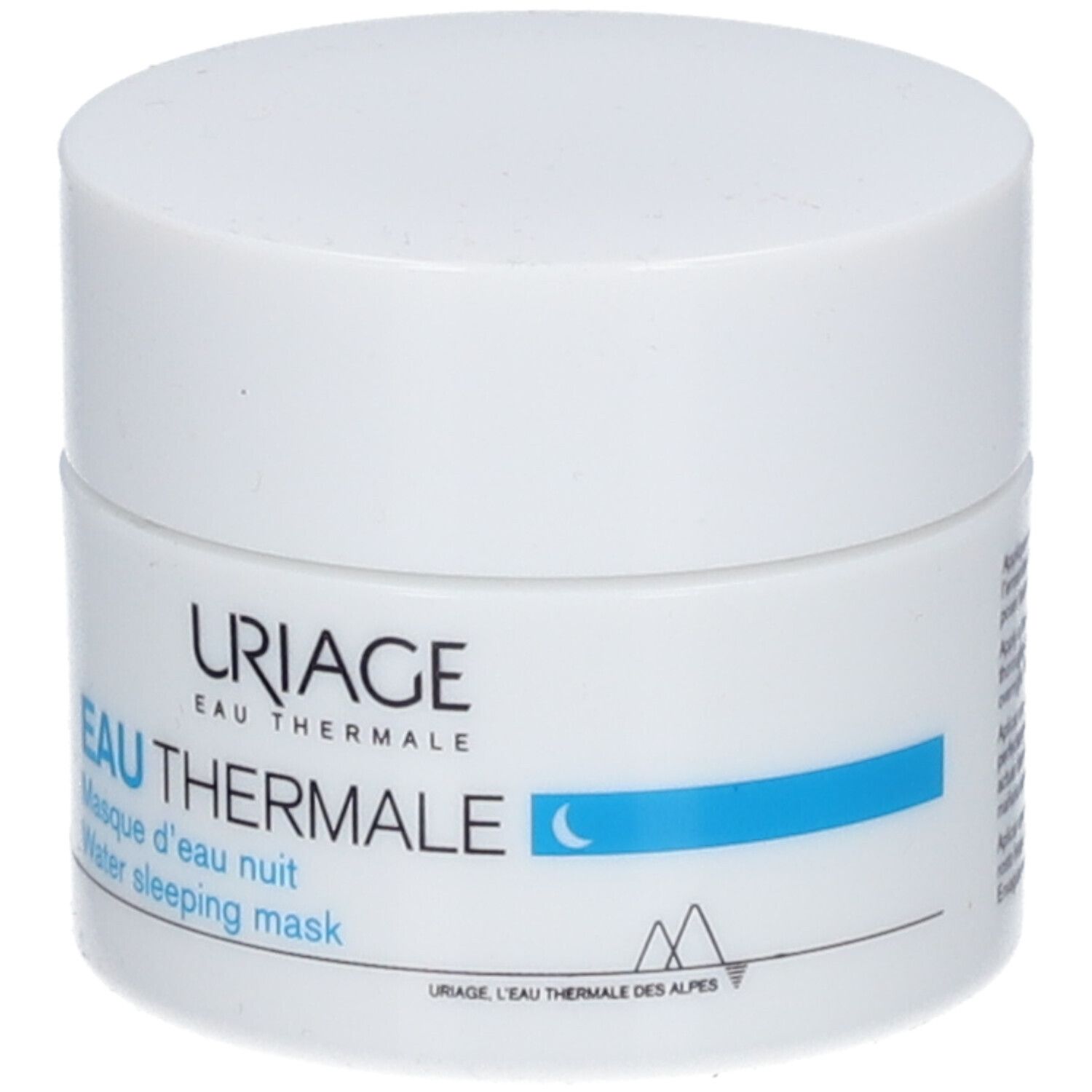 Pot blanc avec couvercle. Inscription: Uriage Eau Thermale, Water sleeping mask. Bande bleue.
