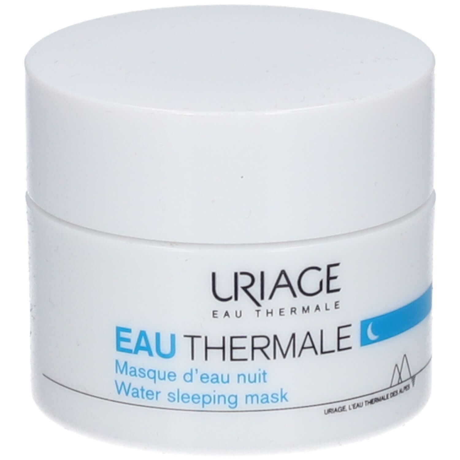 Pot blanc avec couvercle. Inscription: Uriage Eau Thermale, Water sleeping mask. Bande bleue.