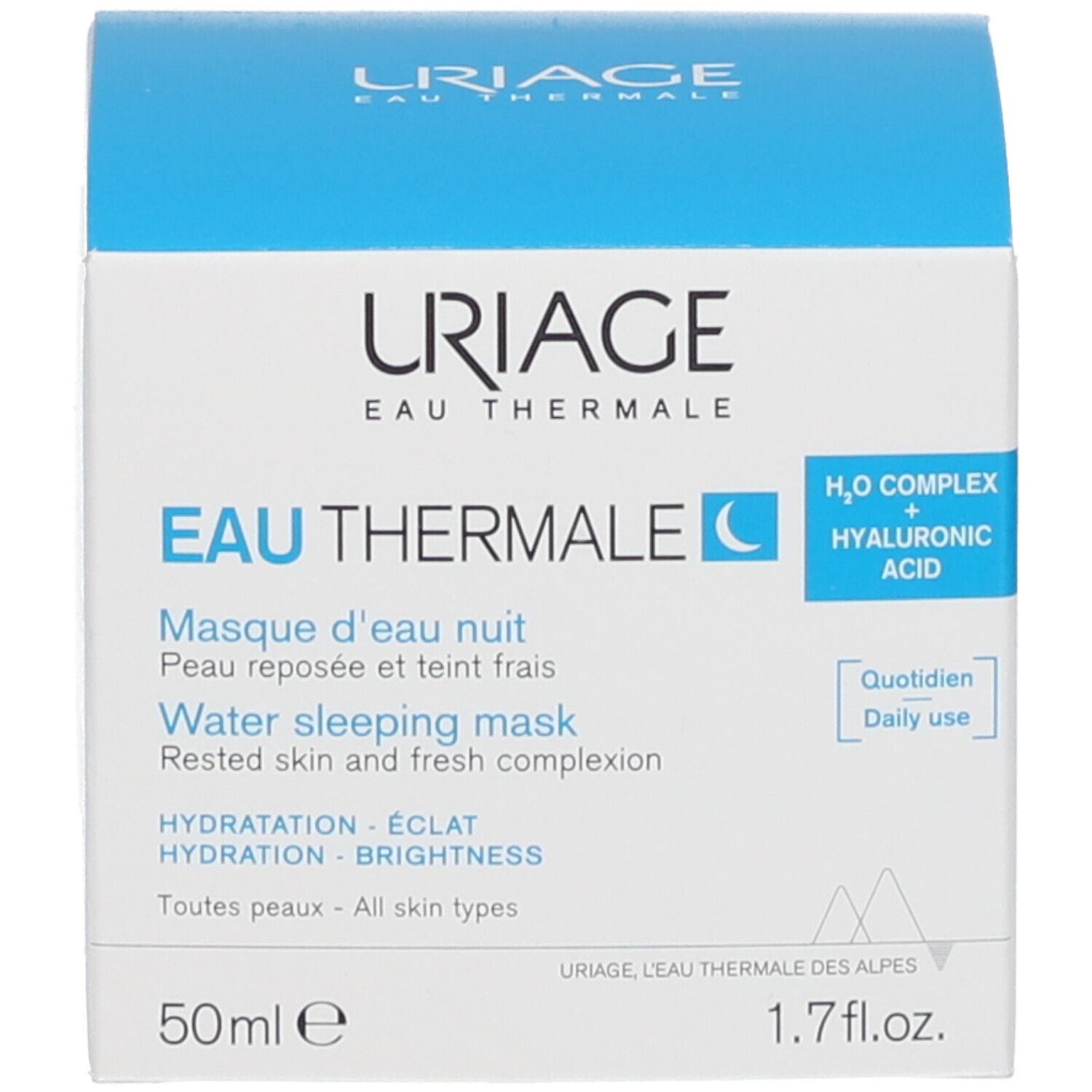 Boîte bleue avec informations sur le produit. Inscription: Uriage Eau Thermale, Water sleeping mask. 50ml.