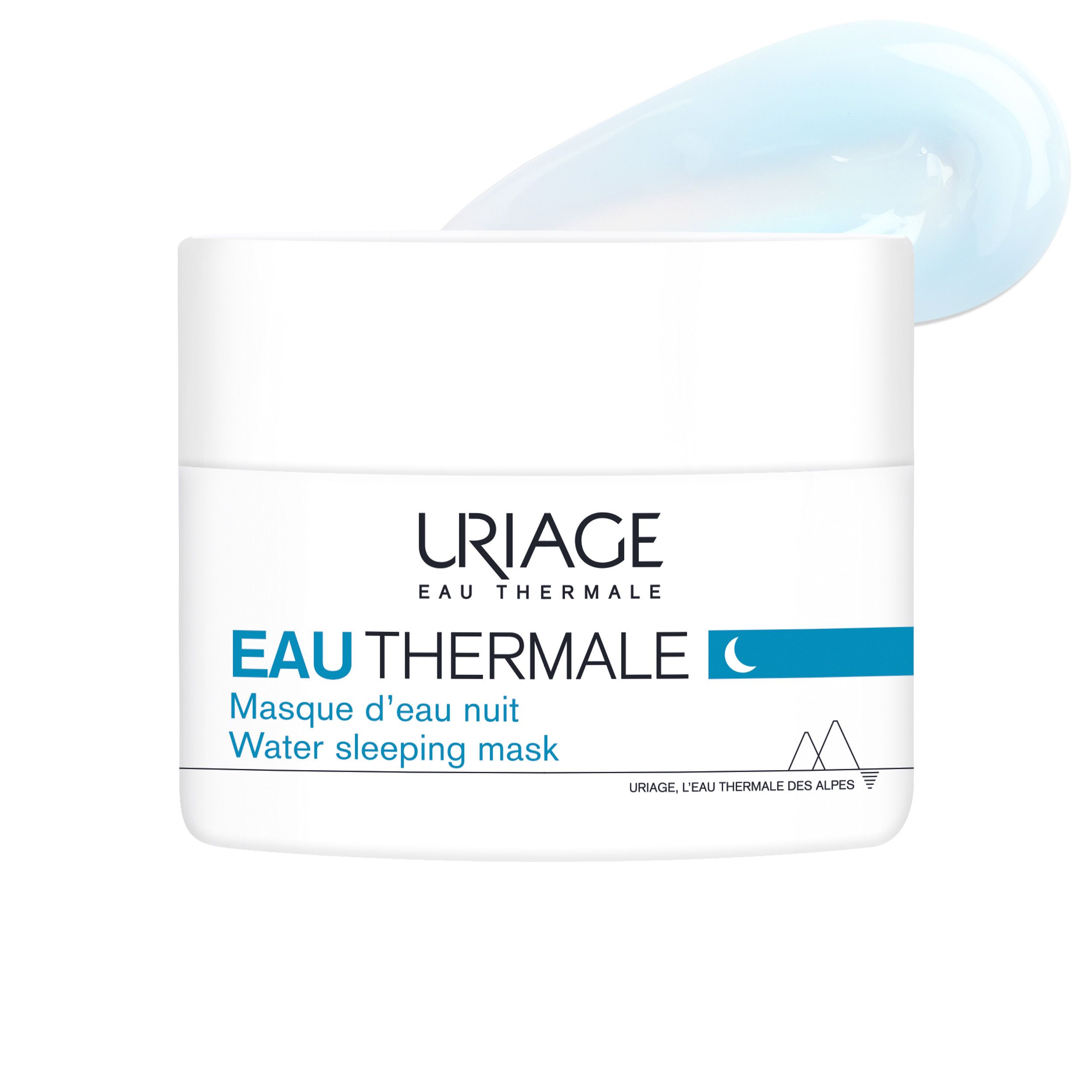 Produit et texture gel. Inscription: Uriage Eau Thermale, Water sleeping mask. Texture gel-soyeuse.
