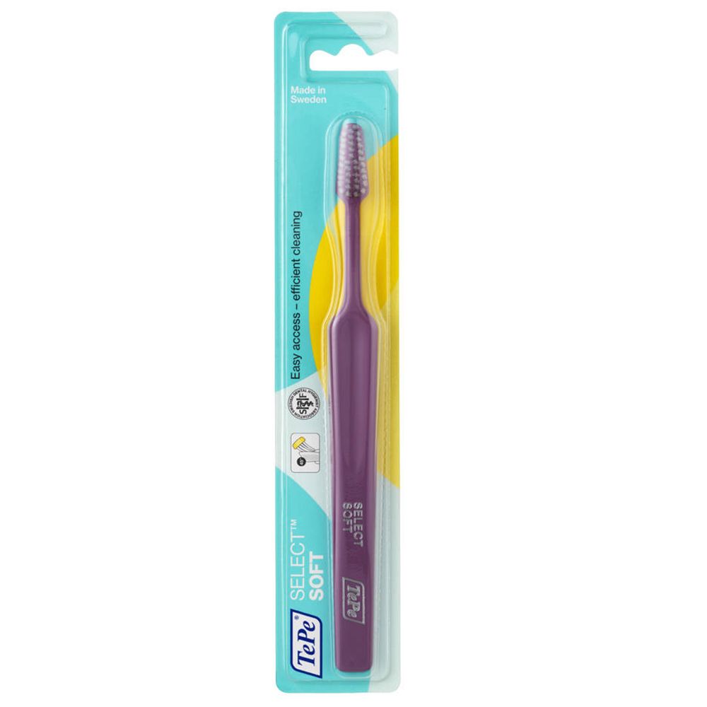 Brosse à dents TePe Select Soft, manche violet, soies souples, emballage blister.