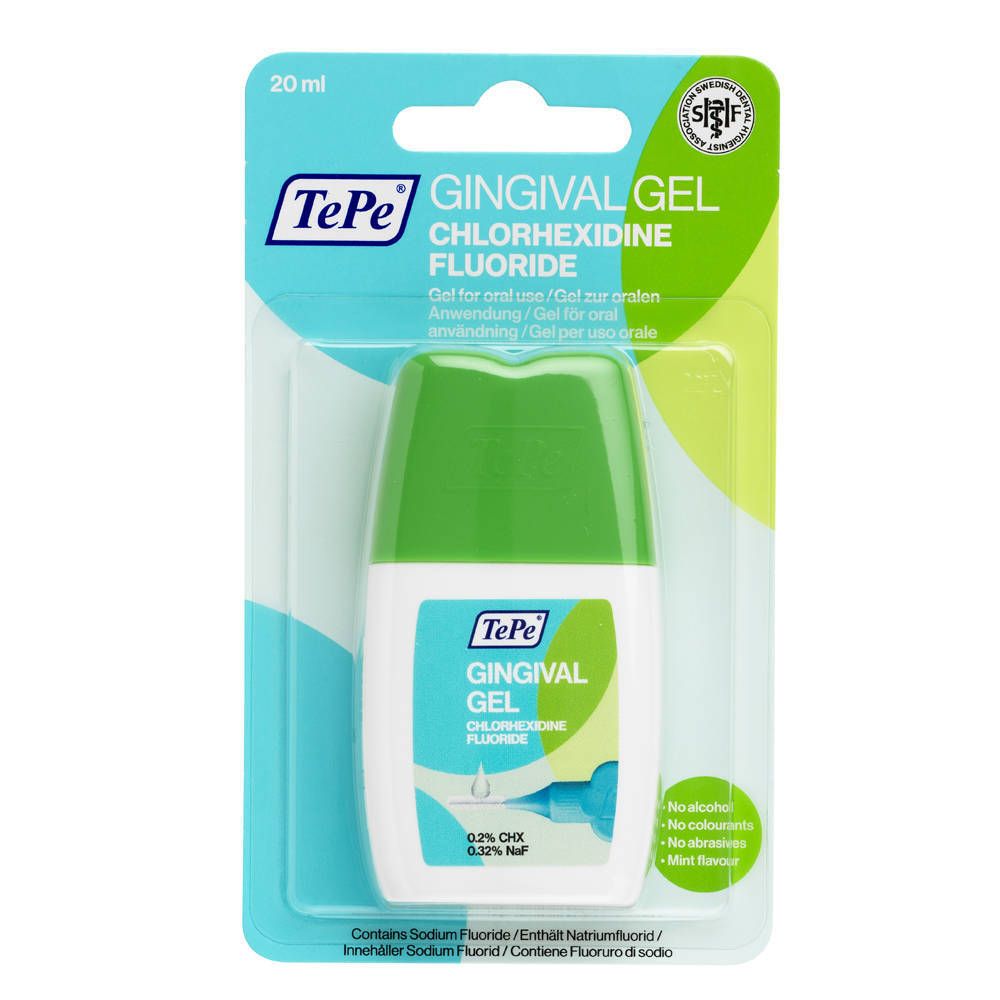 TePe Gingival Gel in Blisterverpackung. Weiße Flasche mit grünem Deckel. Enthält Chlorhexidin und Fluorid. Aufschrift: Gingival Gel.