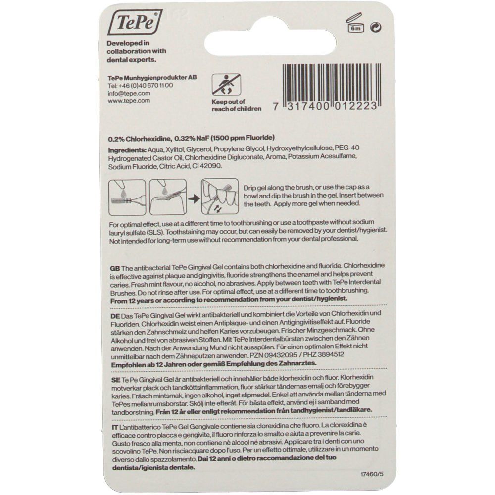 Rückseite der TePe Gingival Gel Verpackung. Enthält Informationen zu Inhaltsstoffen, Anwendung und Warnhinweisen. Text in mehreren Sprachen.