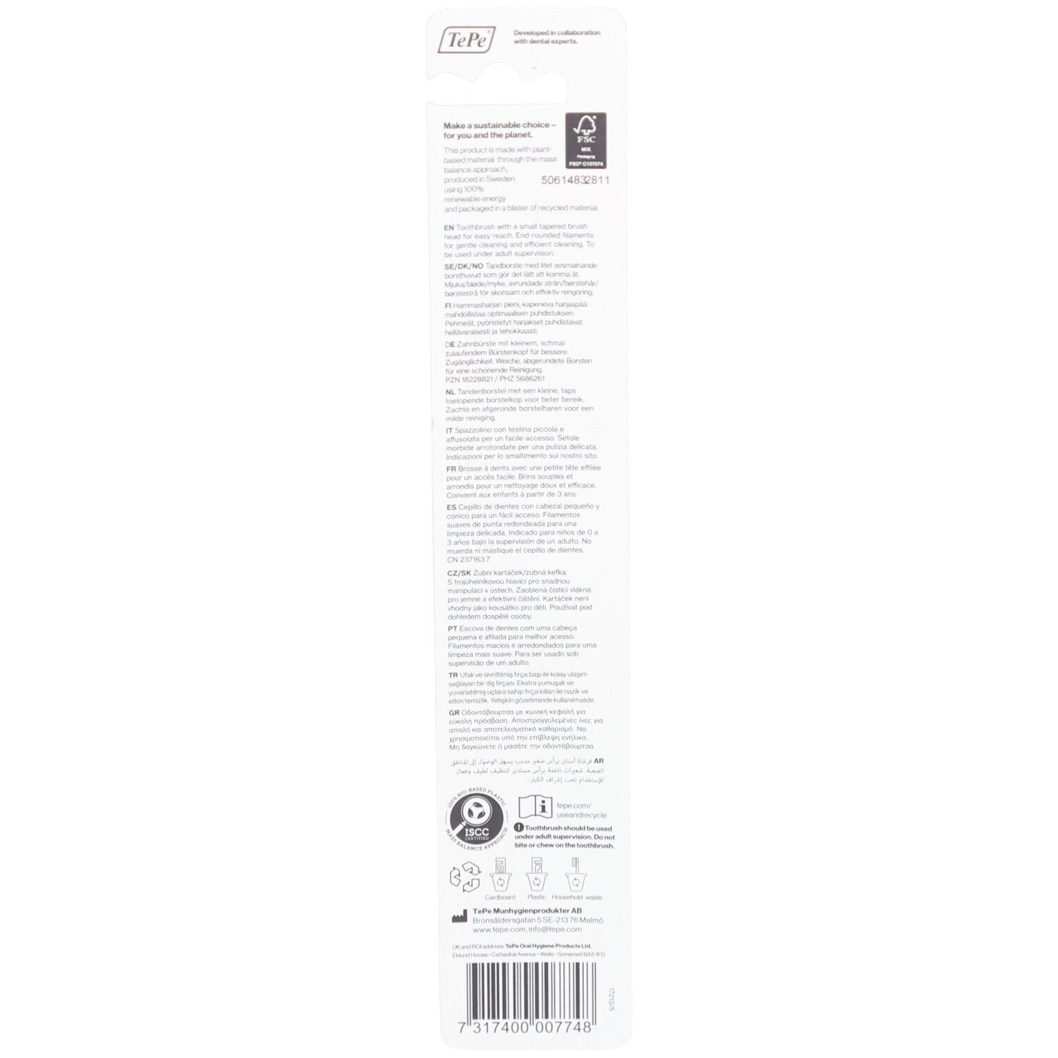 Rückseite der Verpackung mit Produktinformationen in verschiedenen Sprachen und Piktogrammen.