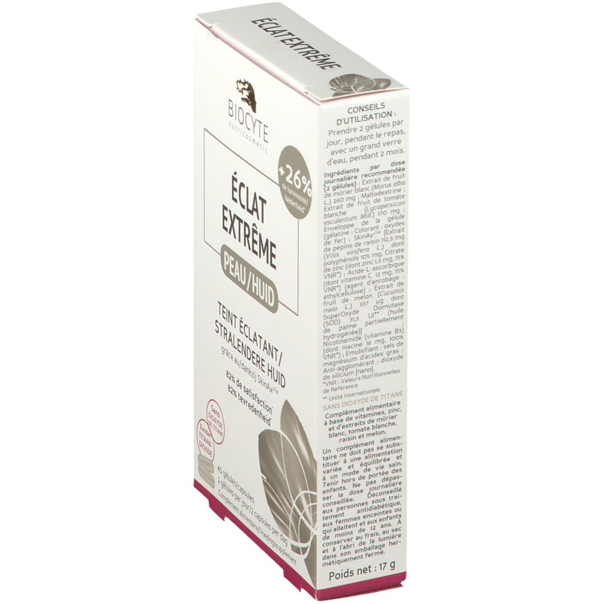 Boîte en carton. Texte : Éclat Extrême, Peau/Huid, Teint Éclatant. Ingrédients et instructions.