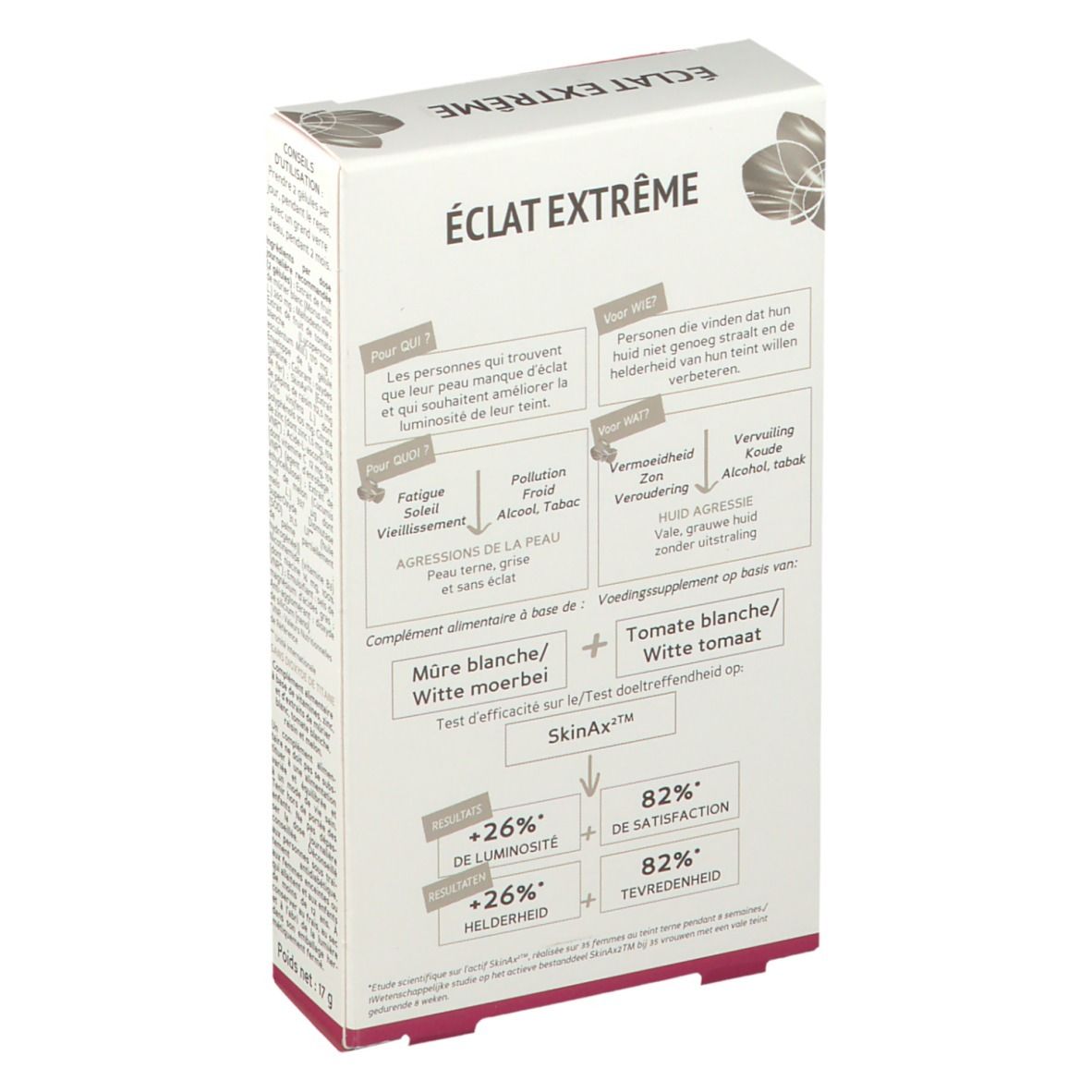 Dos de la boîte en carton. Texte : Éclat Extrême. Informations sur les ingrédients et l'efficacité.