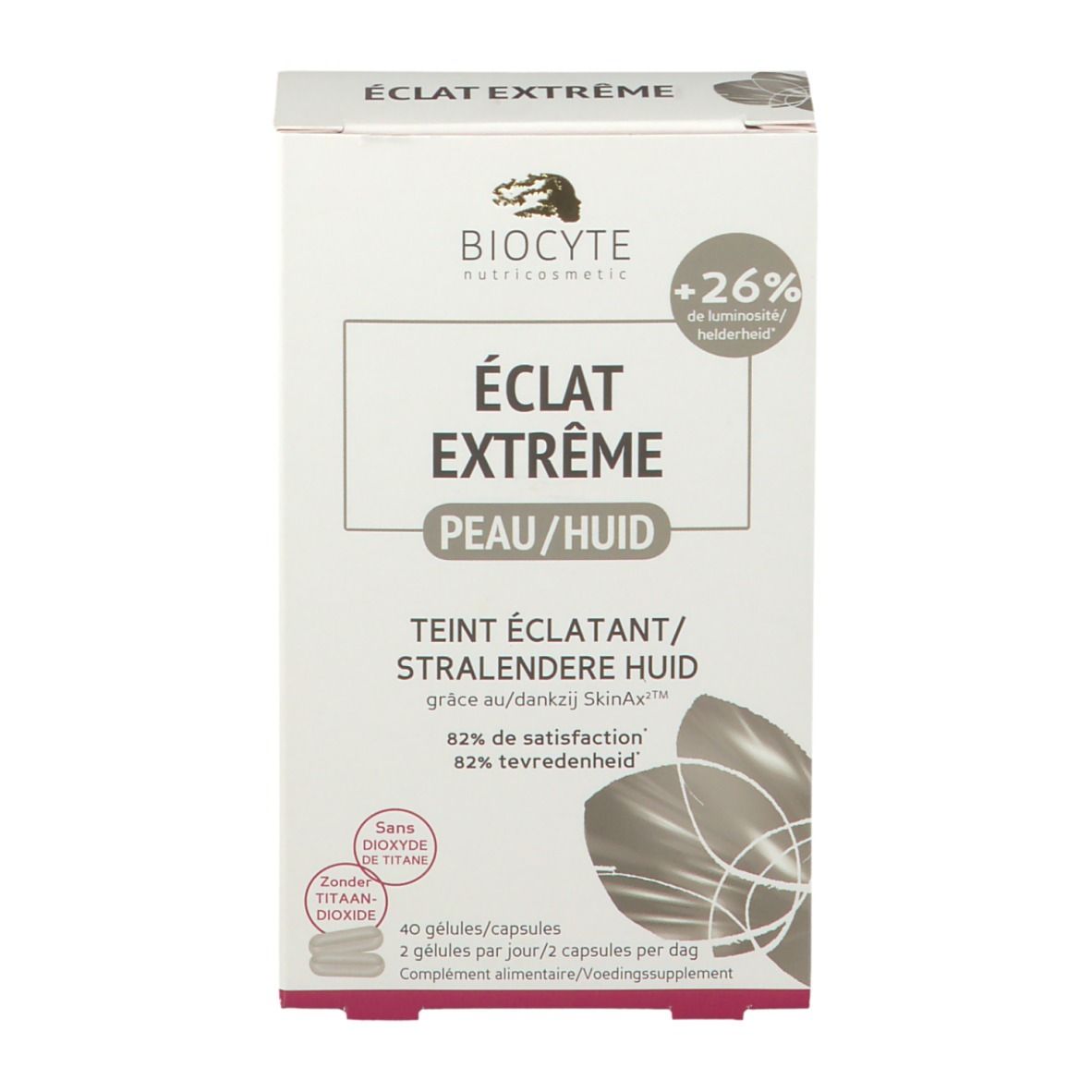 Boîte en carton. Texte : Éclat Extrême, Peau/Huid, Teint Éclatant. 40 gélules.