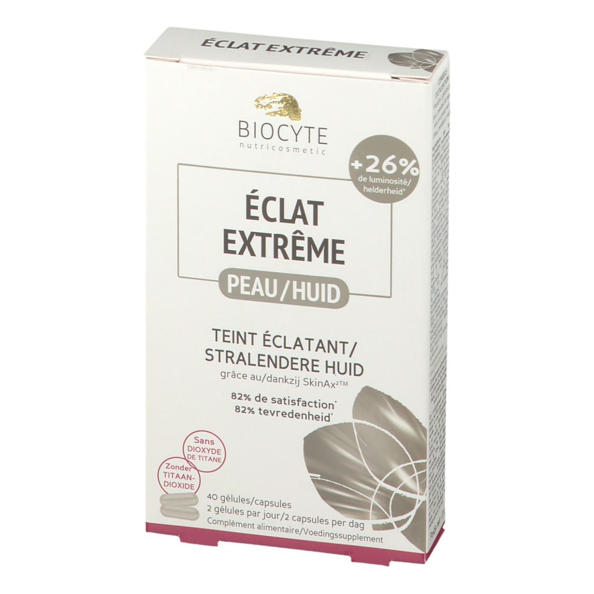 Boîte en carton. Texte : Éclat Extrême, Peau/Huid, Teint Éclatant. 40 gélules.