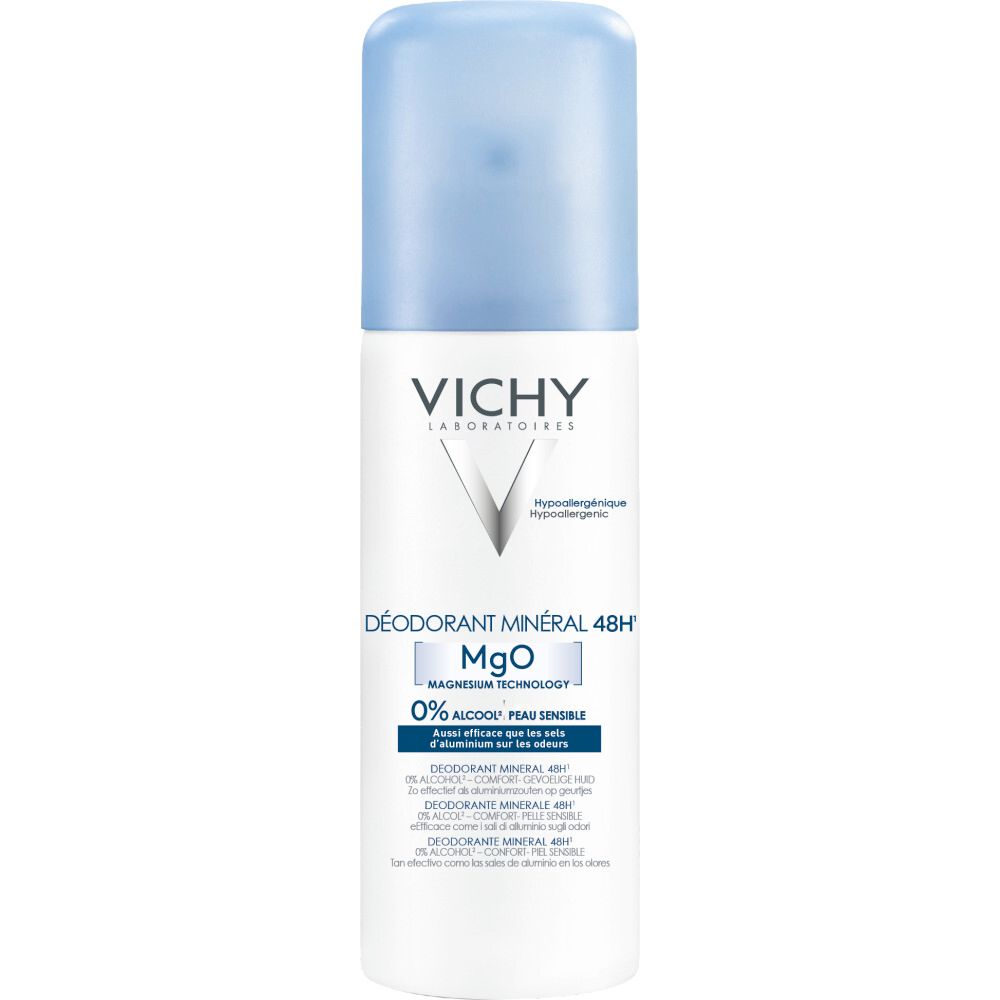 Vichy deodorant, witte fles met blauwe dop. Opschrift: Mineral Deodorant 48H, MgO, 0% alcohol.