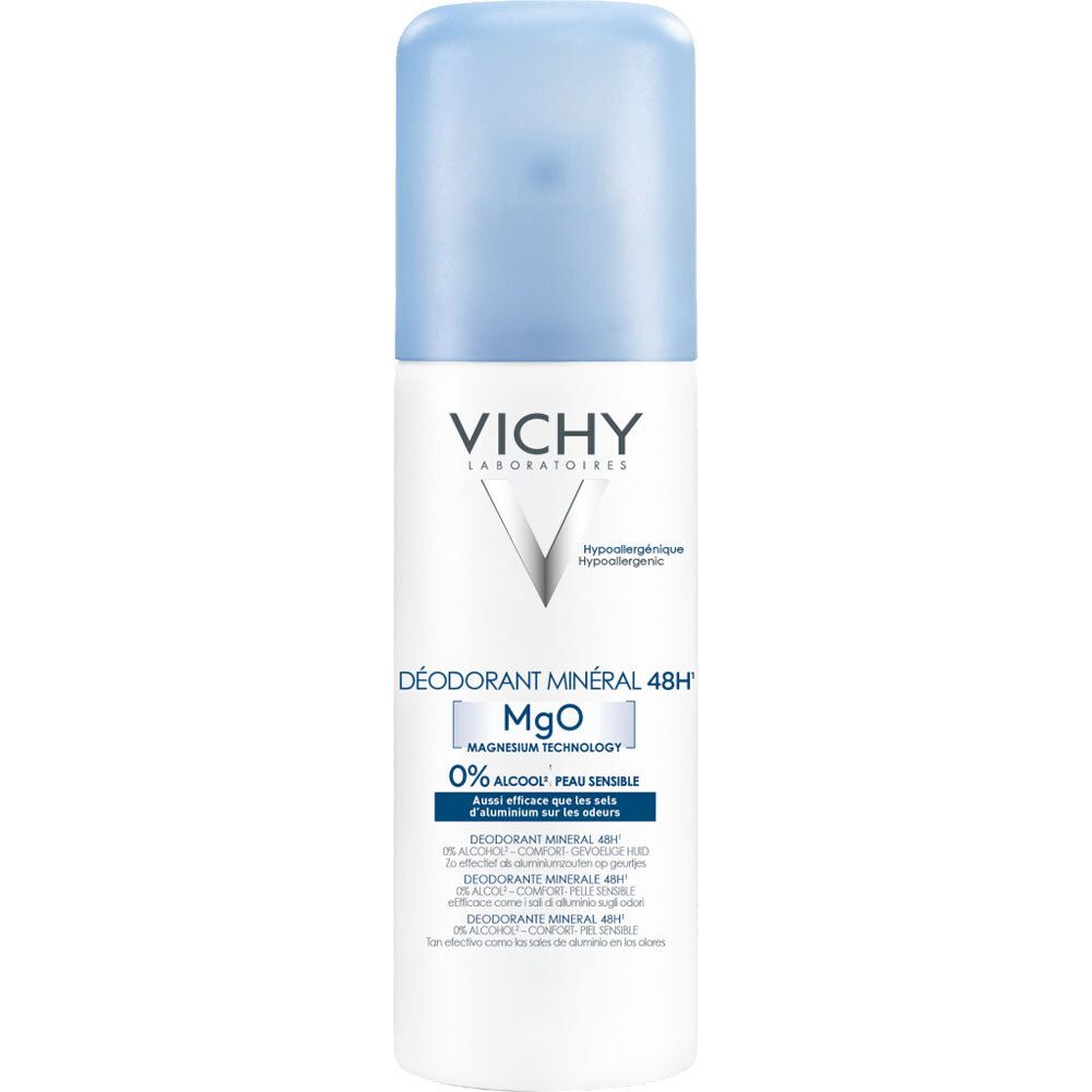 Vichy deodorant, witte fles met blauwe dop. Opschrift: Mineral Deodorant 48H, MgO, 0% alcohol.